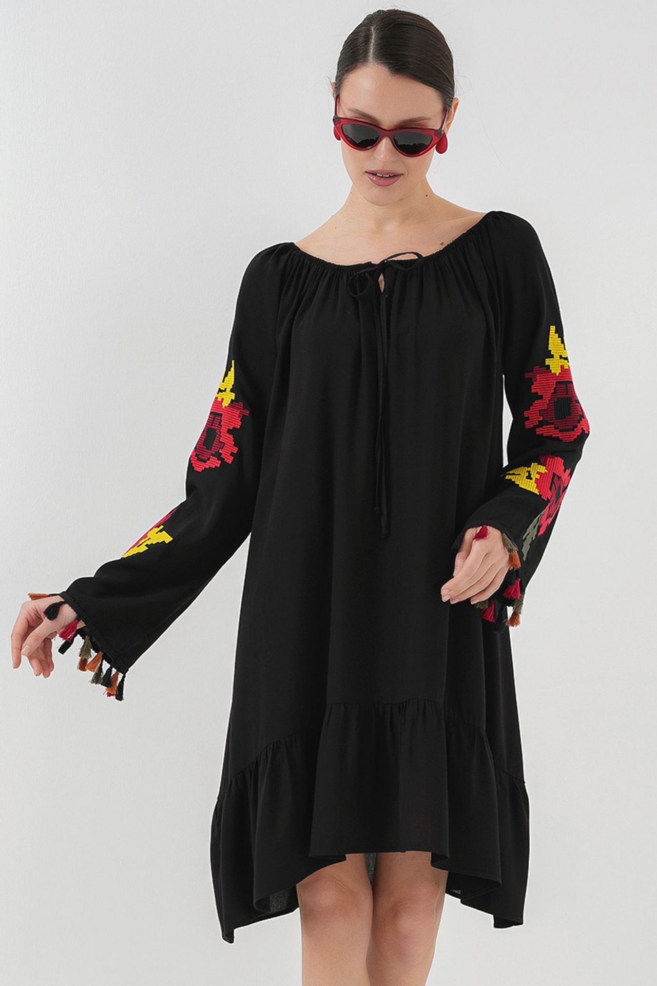BDART Embroidered Midi Dress with Ruffle and Tie Closure 1