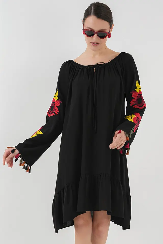 BDART Embroidered Midi Dress with Ruffle and Tie Closure