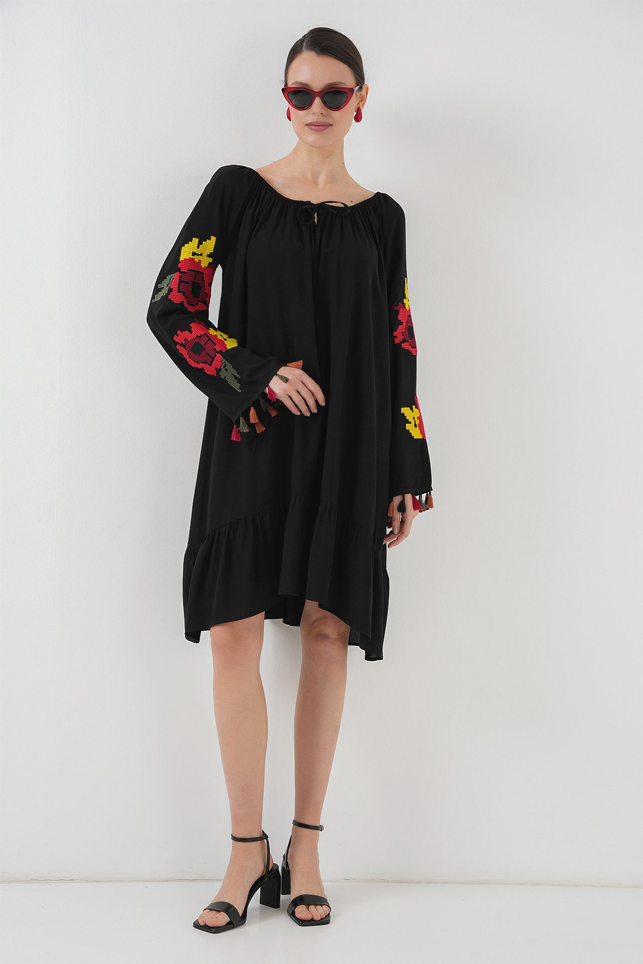 BDART Embroidered Midi Dress with Ruffle and Tie Closure 2