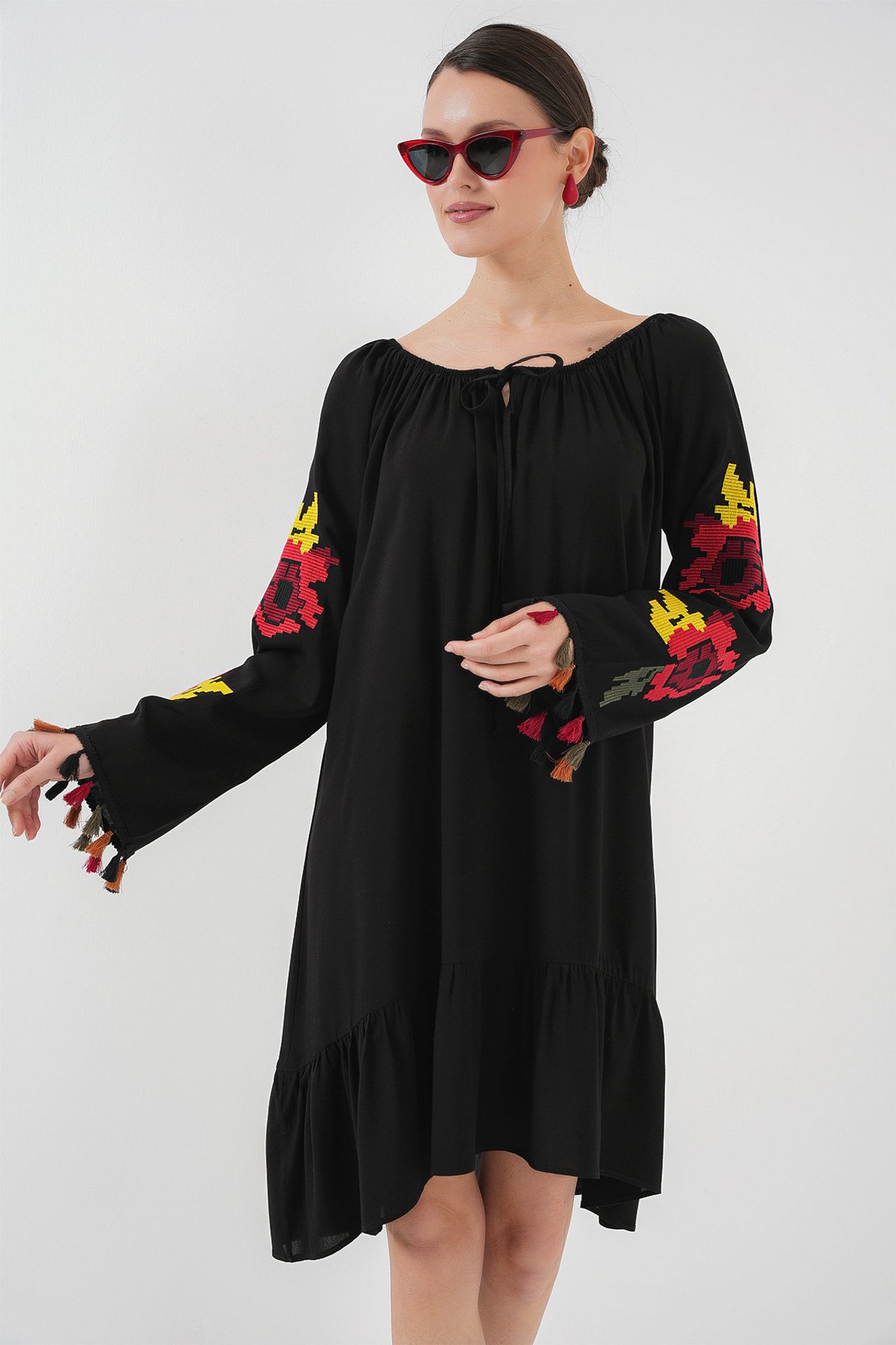 BDART Embroidered Midi Dress with Ruffle and Tie Closure 3