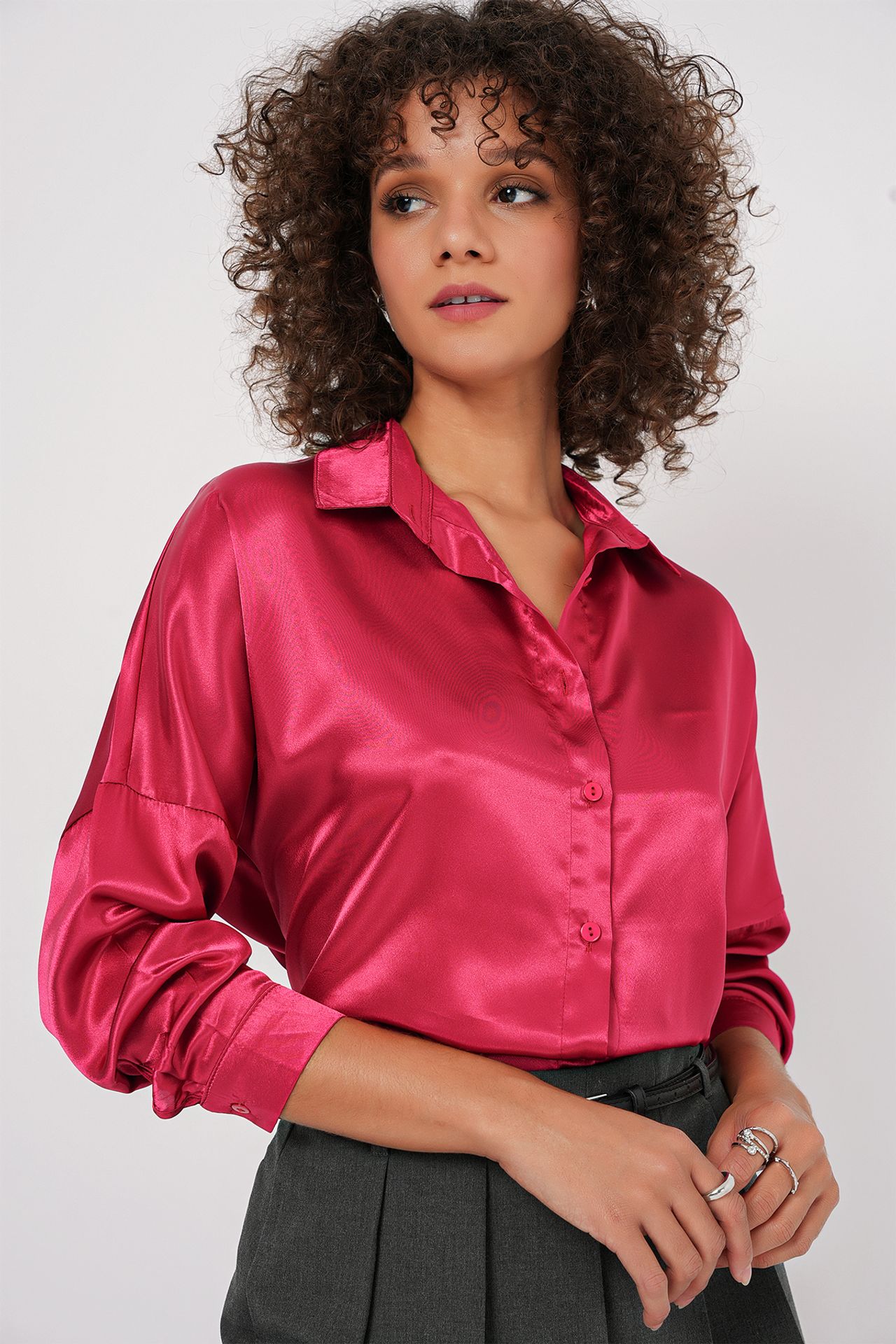Oversized Satin Button-Front Shirt 2