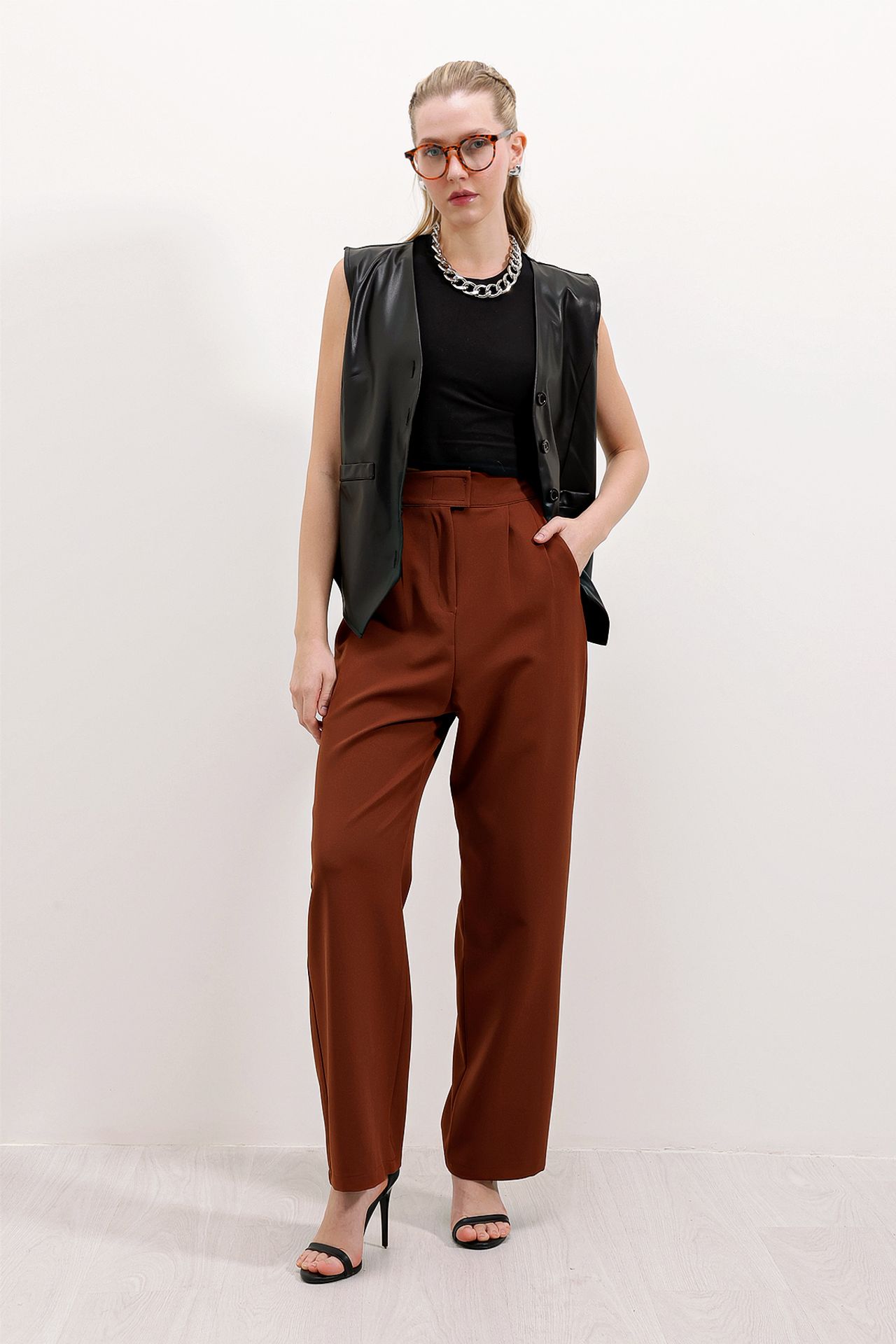 High Waist Wide Leg Pleated Satin Trousers 5