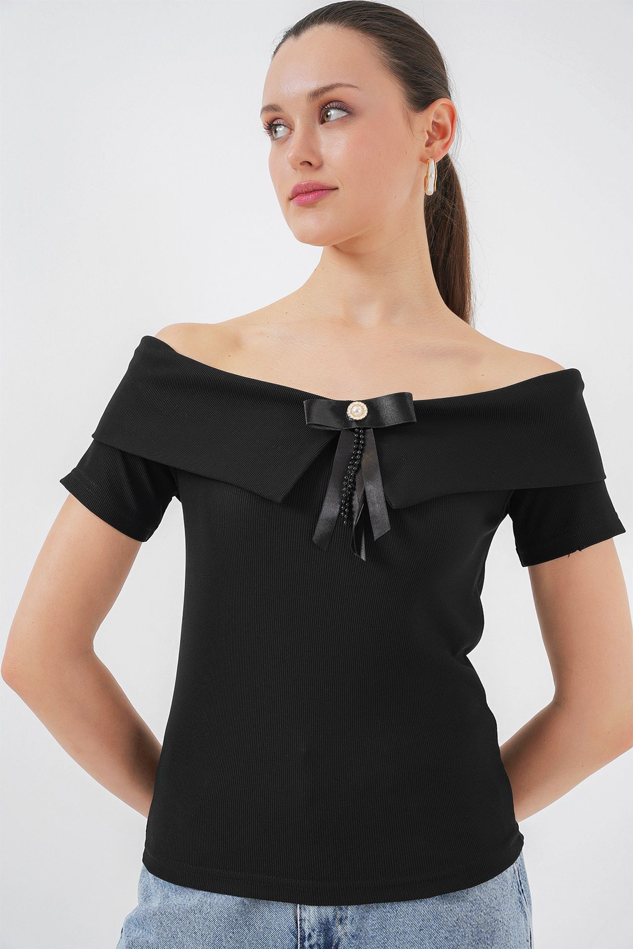 BDART Boat Neck Ribbed Blouse with Bow 1