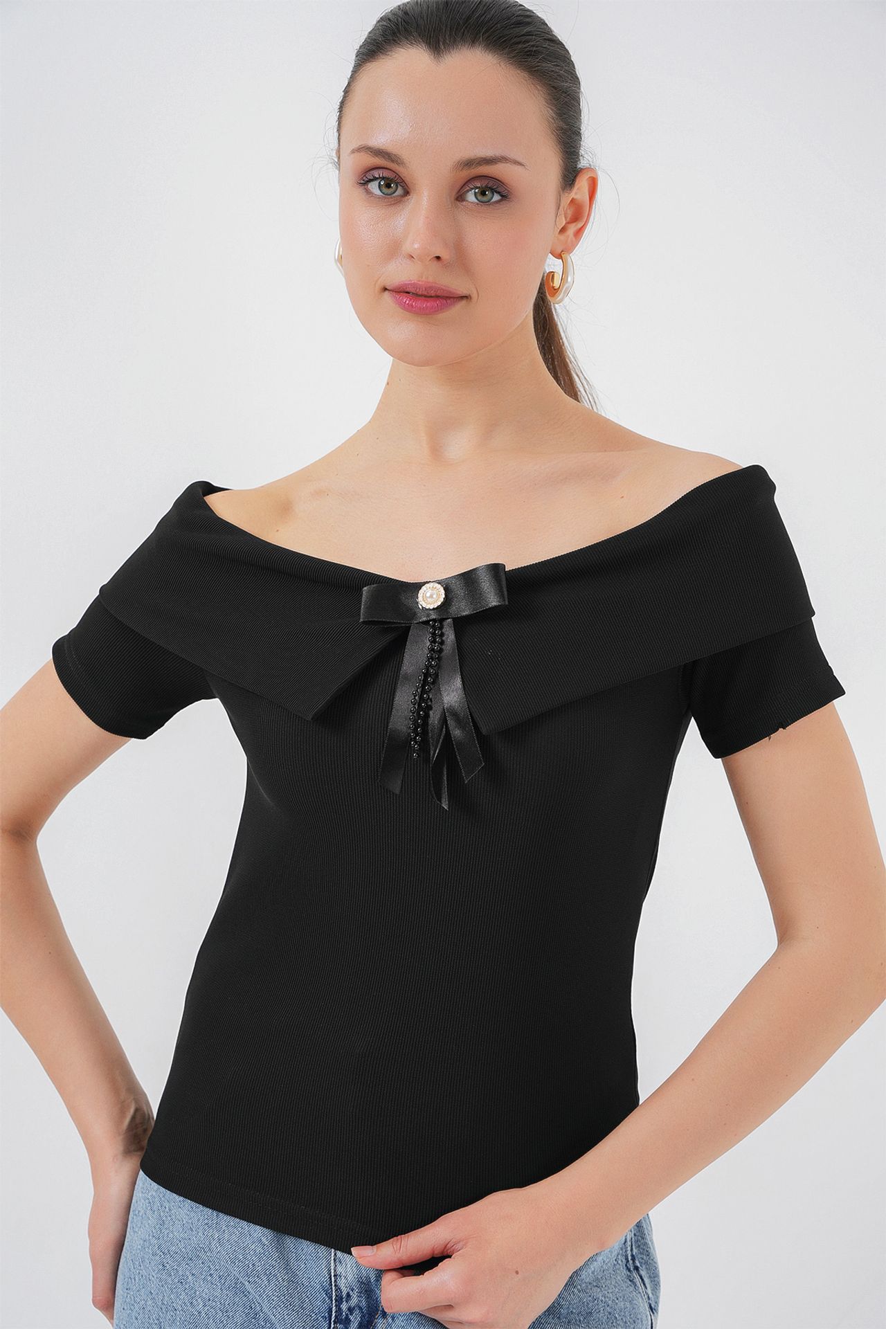 BDART Boat Neck Ribbed Blouse with Bow 3