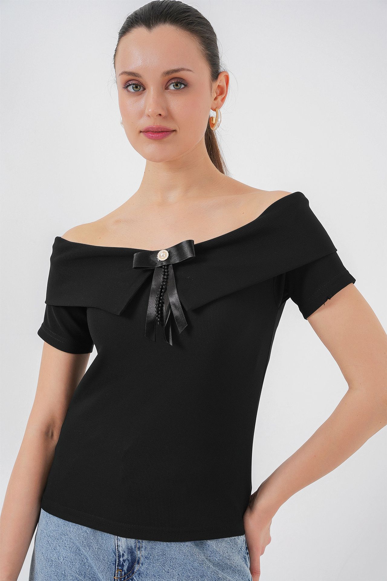 BDART Boat Neck Ribbed Blouse with Bow 4
