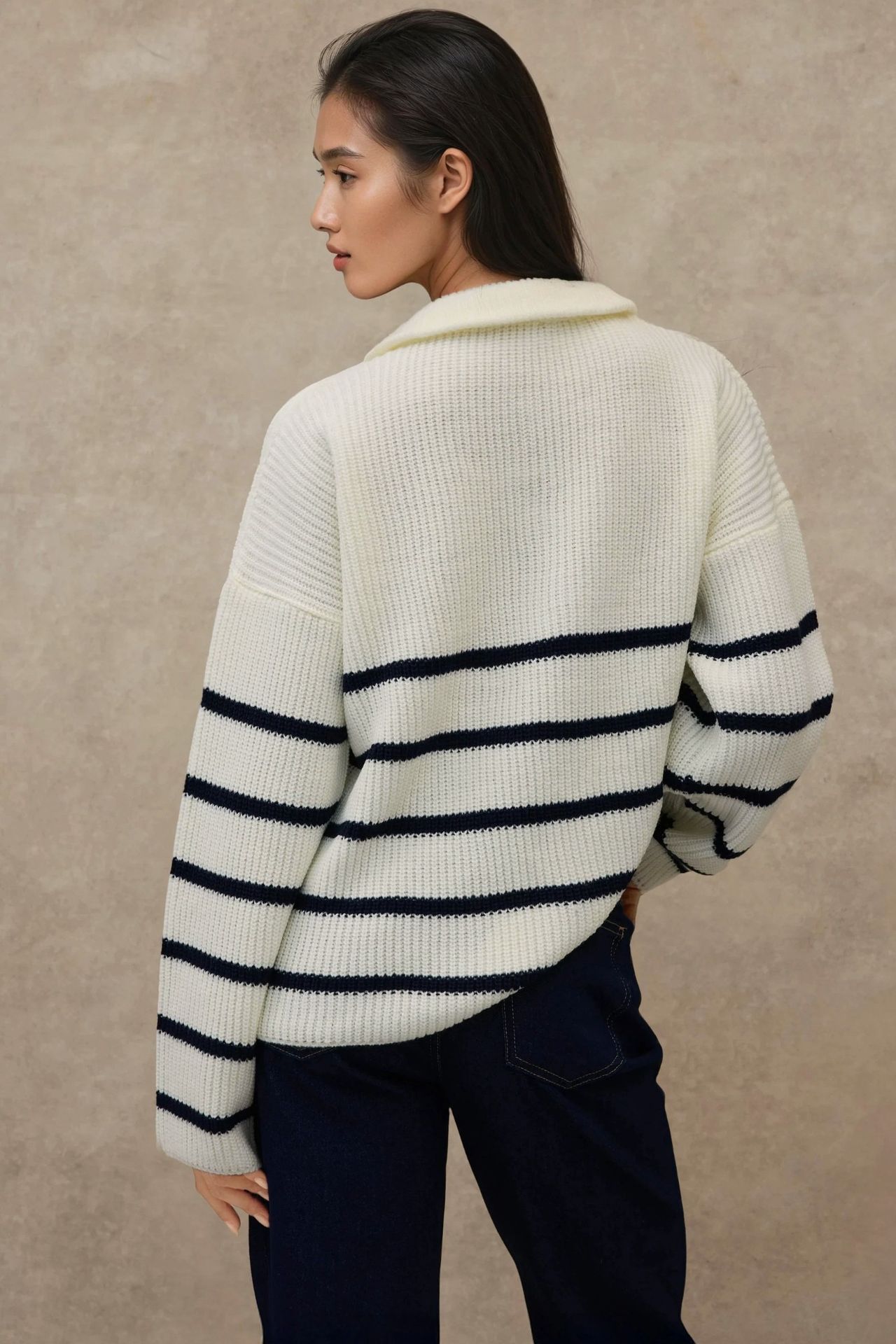 Striped Long Sleeve Zipper Collar Sweater 5