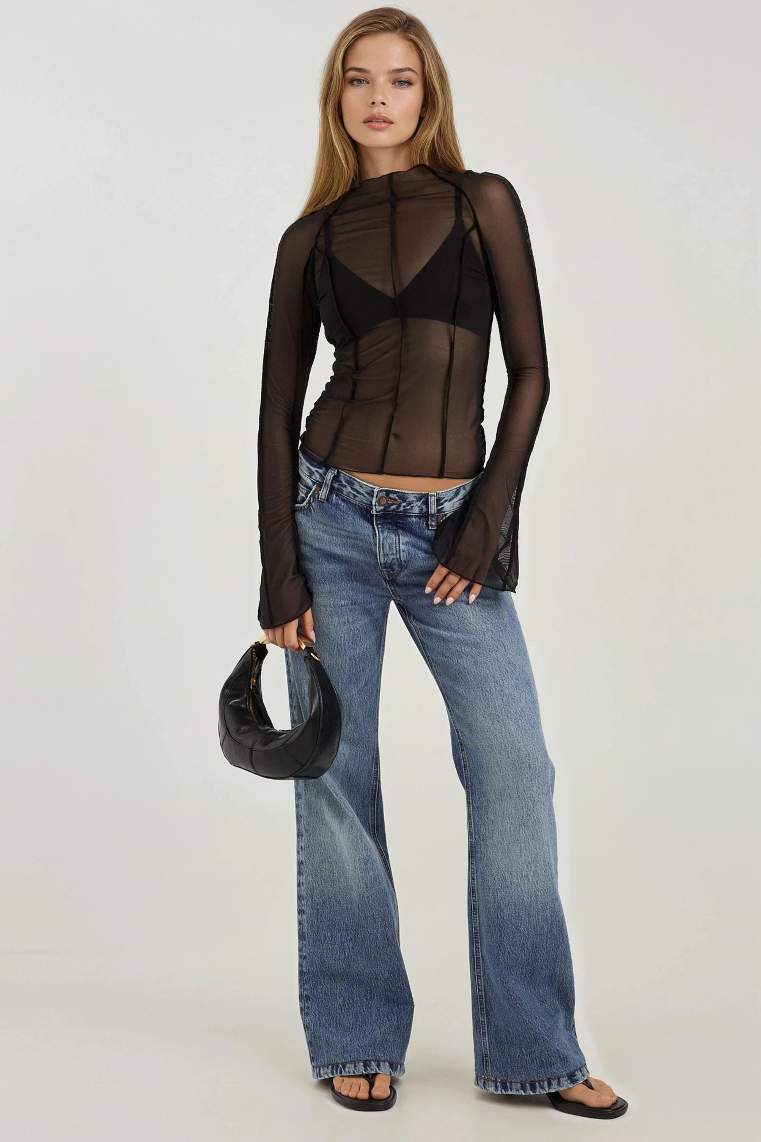 HiCCUP - Black Long Sleeve Half Turtleneck Transparent Top Women