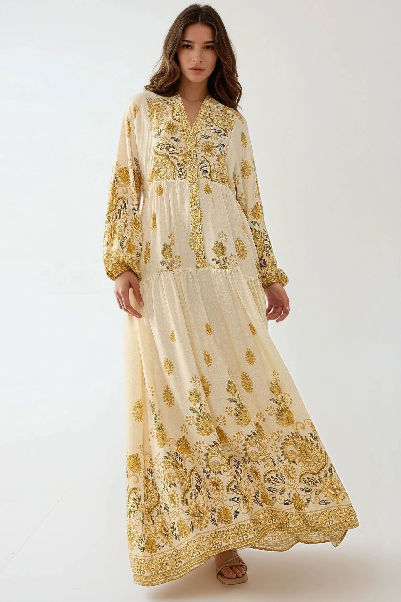 Printed V-neck Maxi Dress with Button Detail