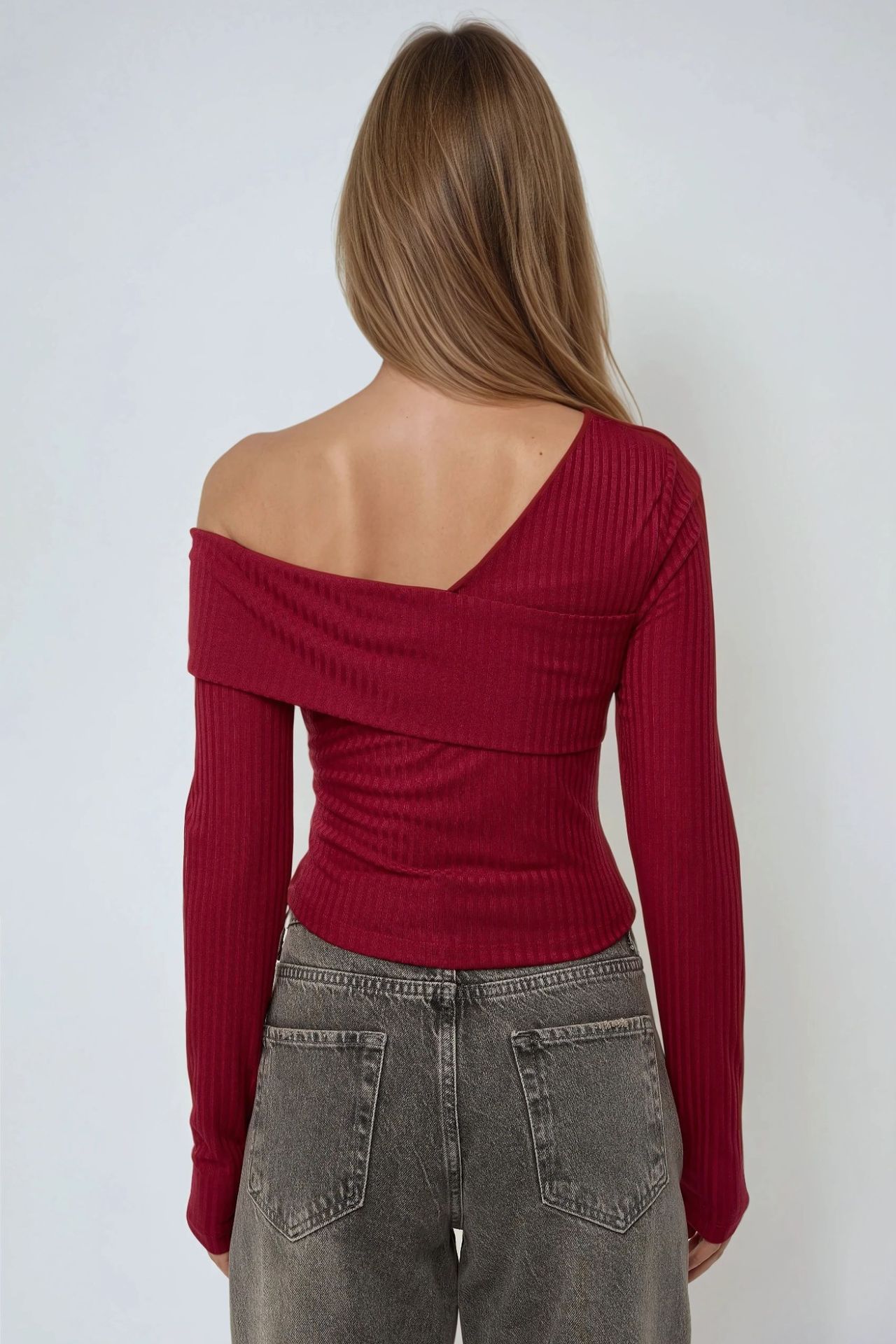 Asymmetrical Neck Textured Knit Top