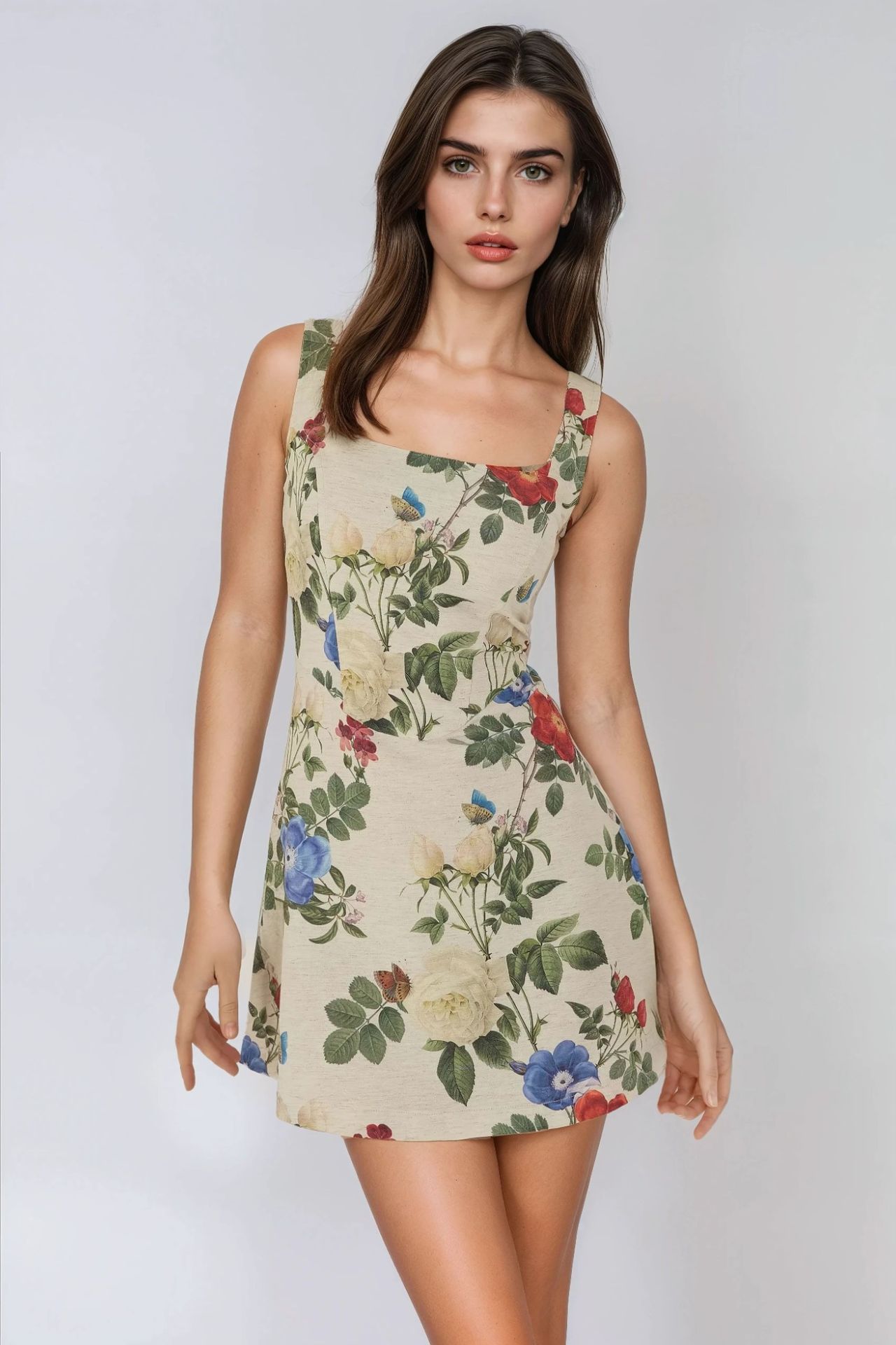 Square Neck Flower Pattern Linen Feel Mini Dress