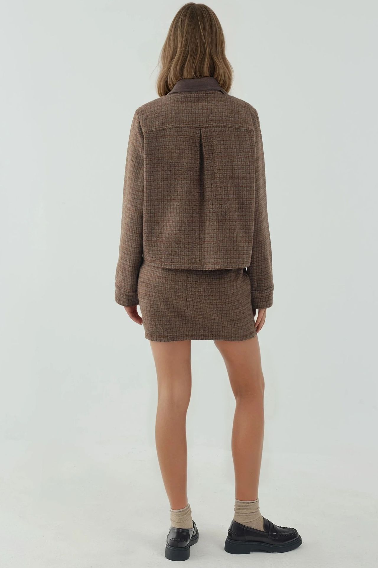 Plaid Patterned Wool Blend Jacket with Suede Collar