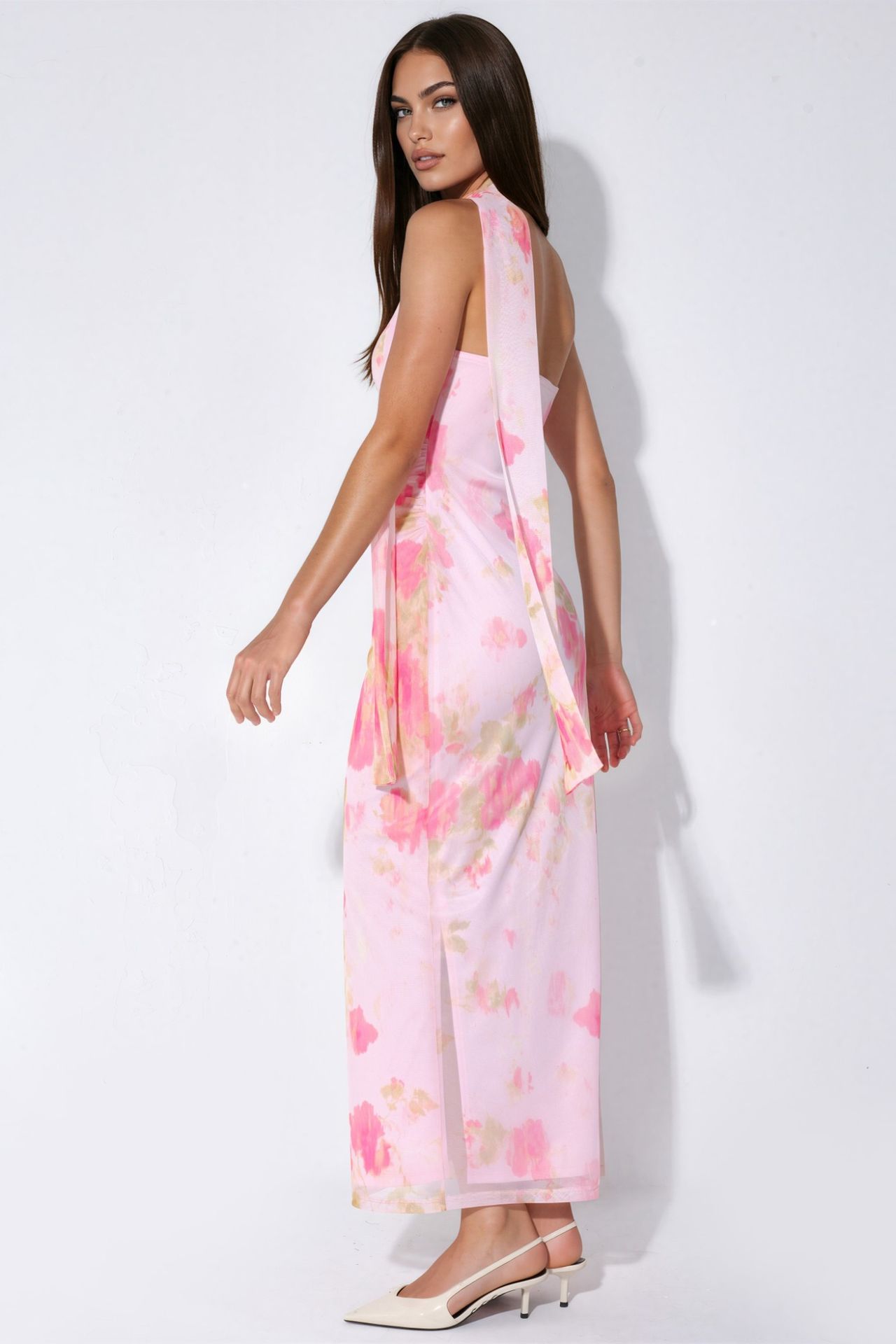 Patterned Tulle Midi Dress with Scarf Detail 4