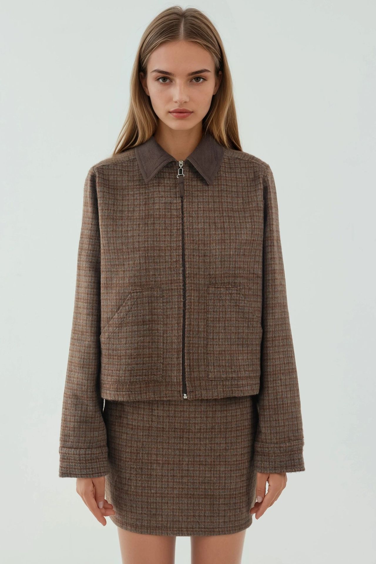 Plaid Patterned Wool Blend Jacket with Suede Collar