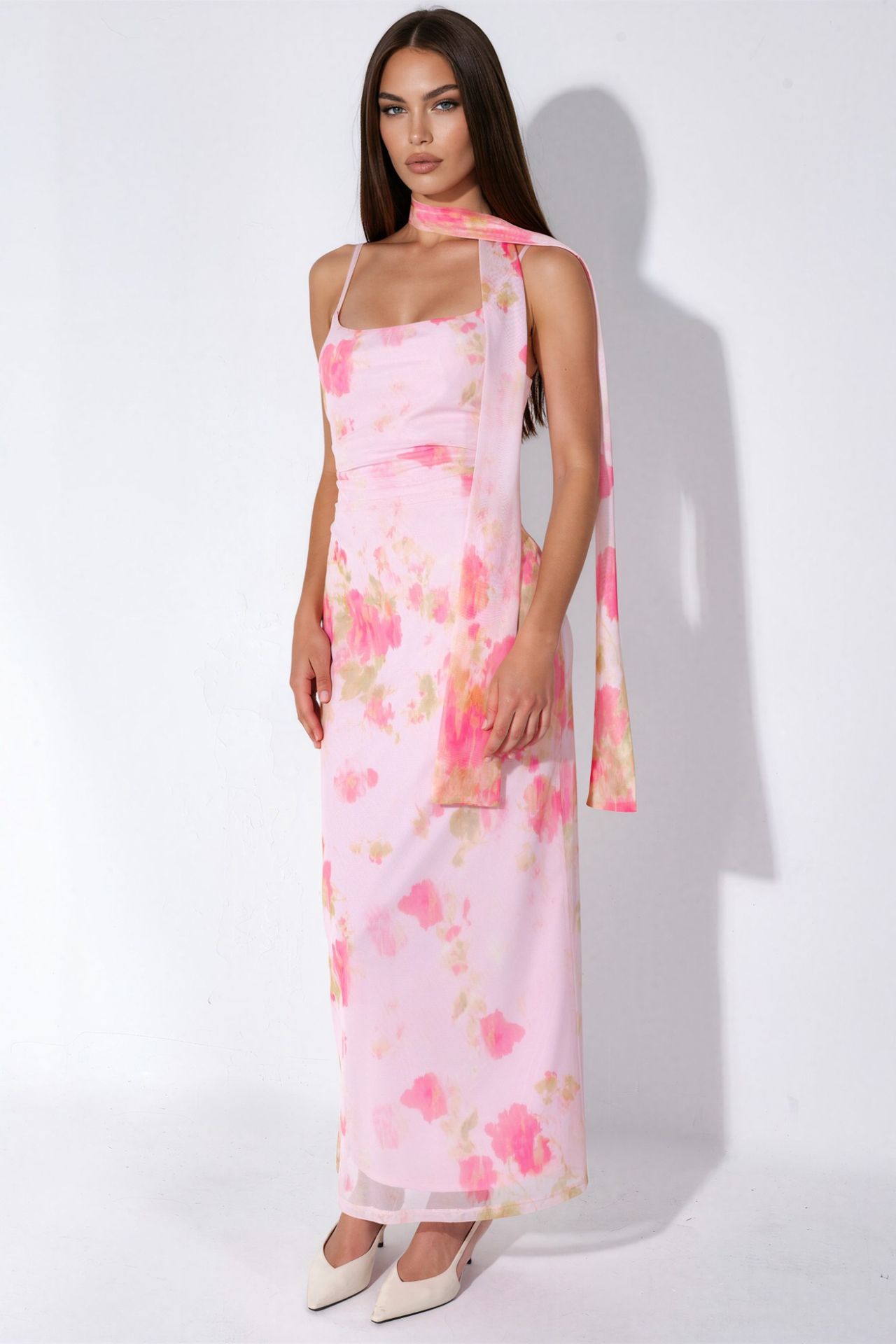 Patterned Tulle Midi Dress with Scarf Detail 1