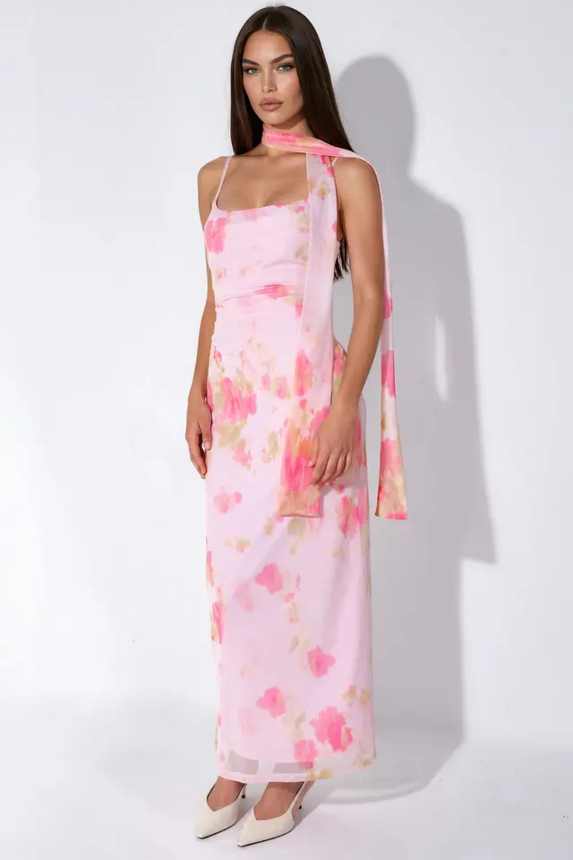 Patterned Tulle Midi Dress with Scarf Detail