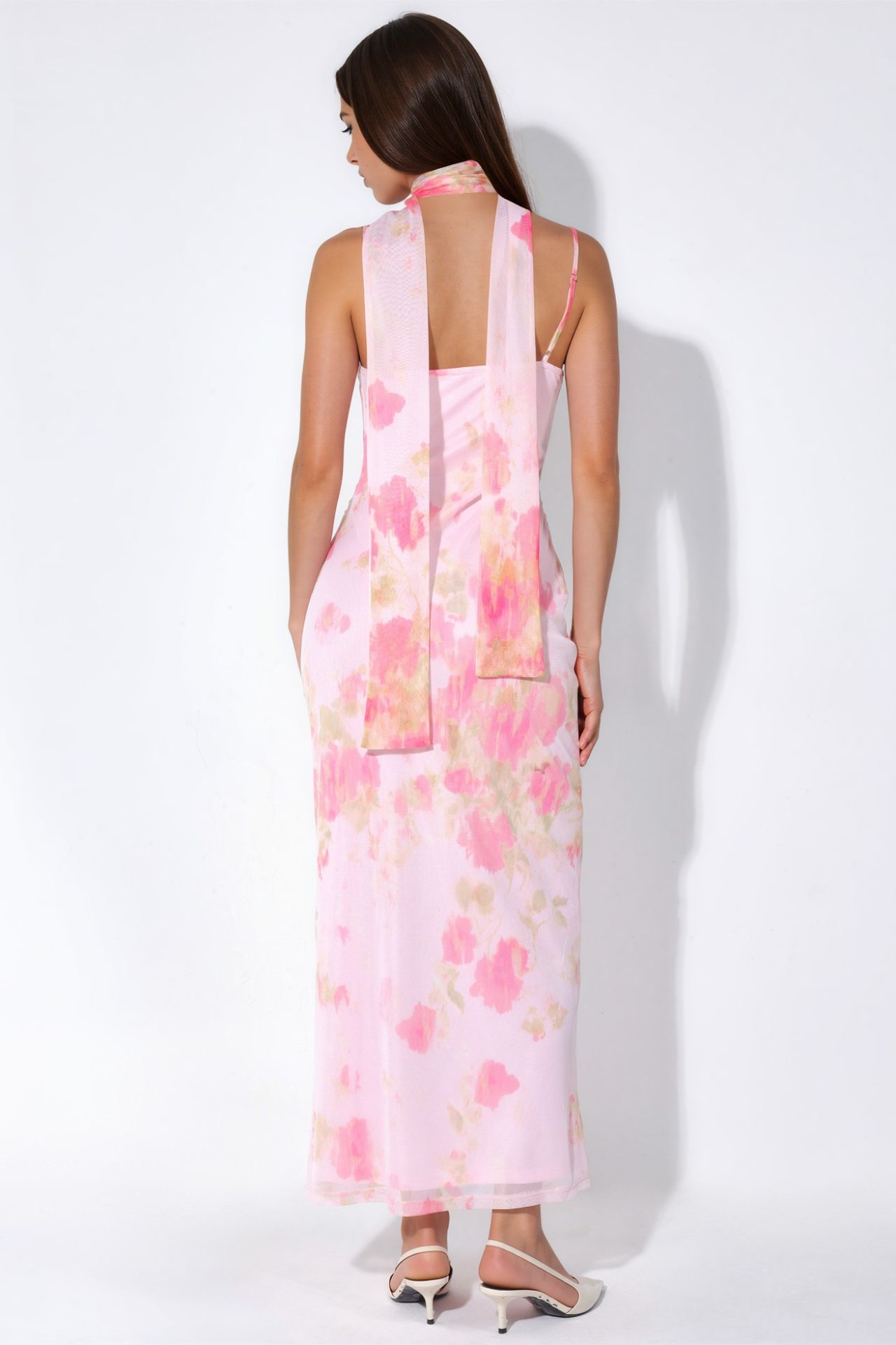 Patterned Tulle Midi Dress with Scarf Detail 3