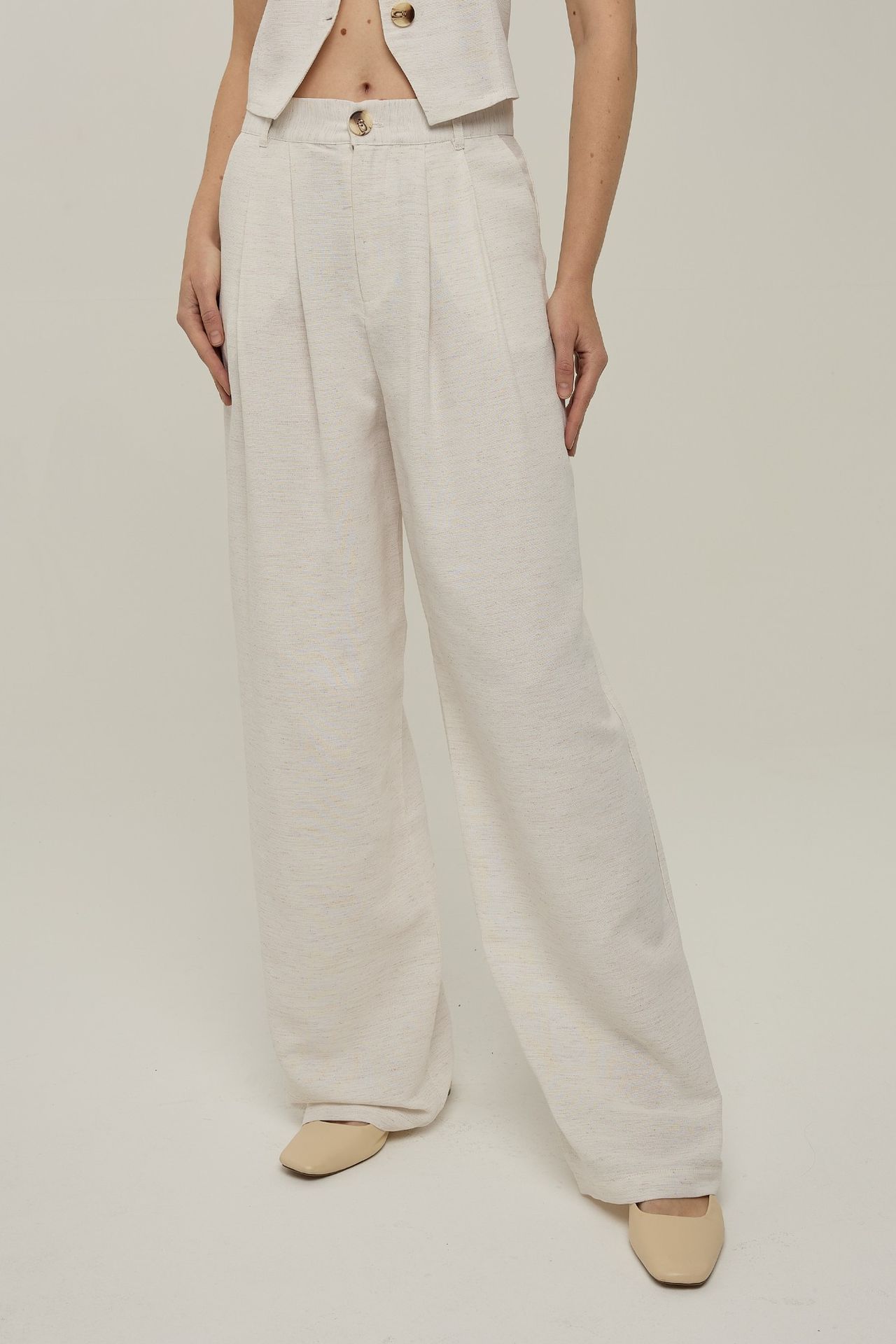 Linen Feel Wide Leg Pleated Pants