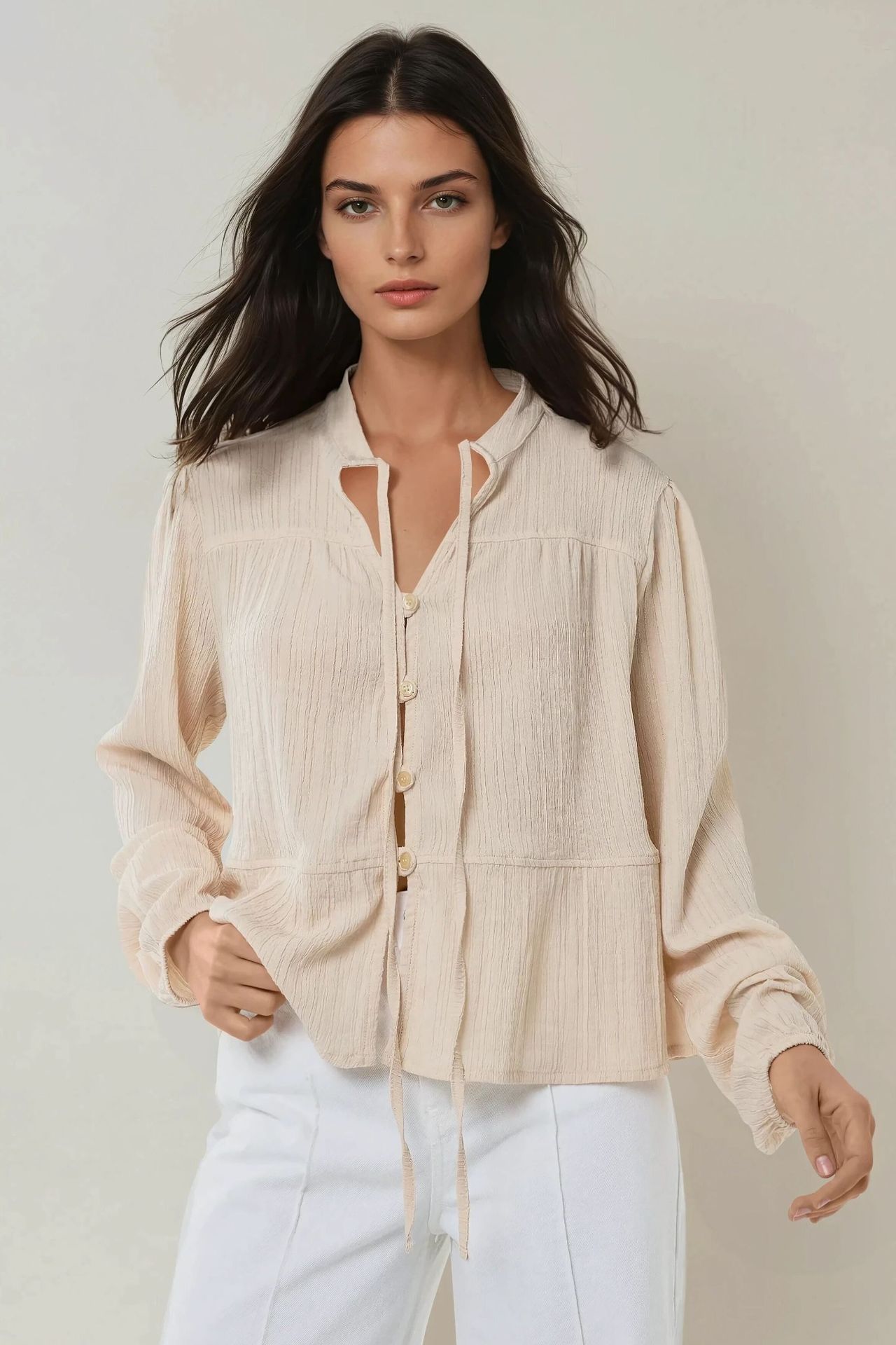 Textured Tie-Up Long Sleeve Shirt