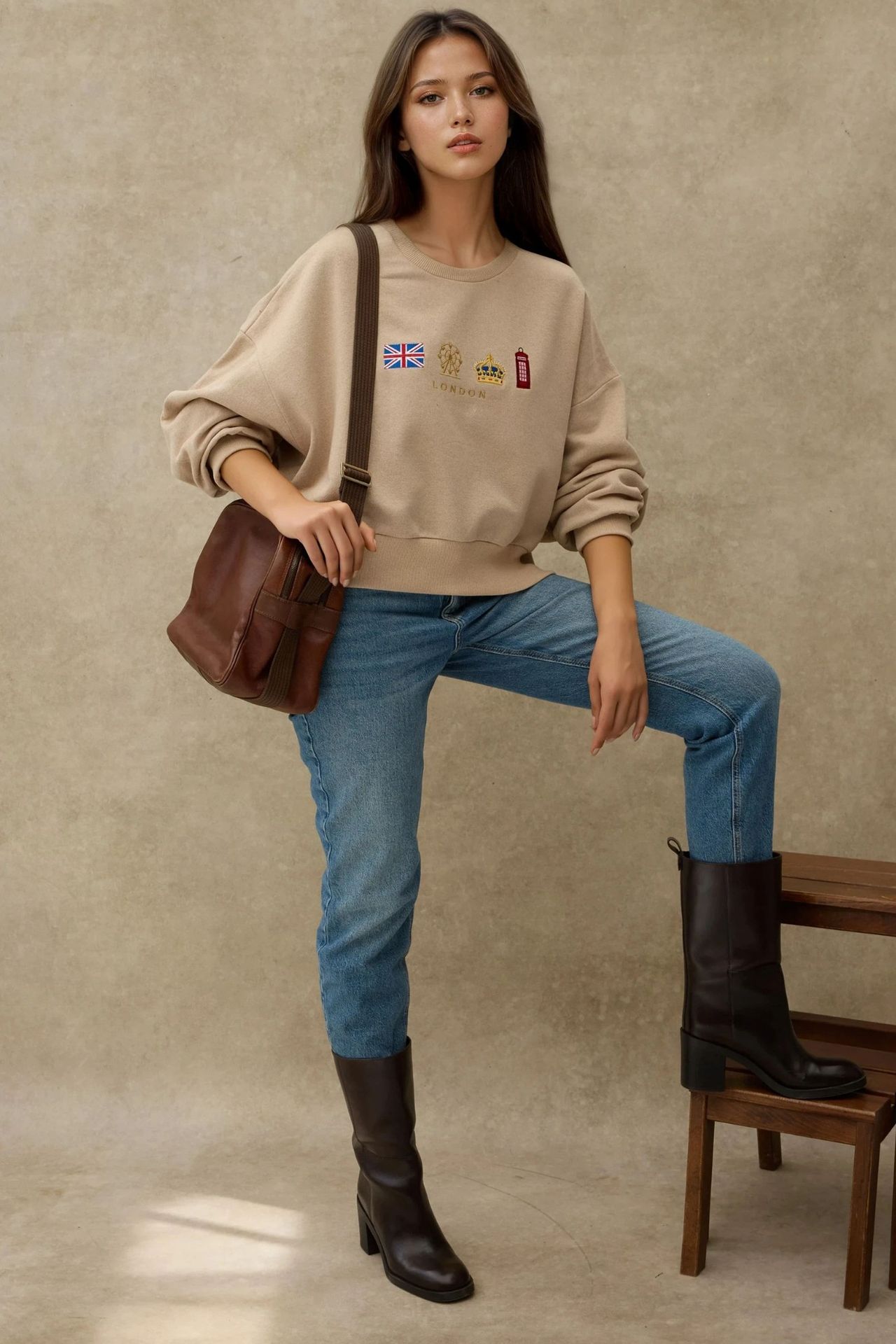 Embroidered Crew Neck Cottoned Raised Sweatshirt 5