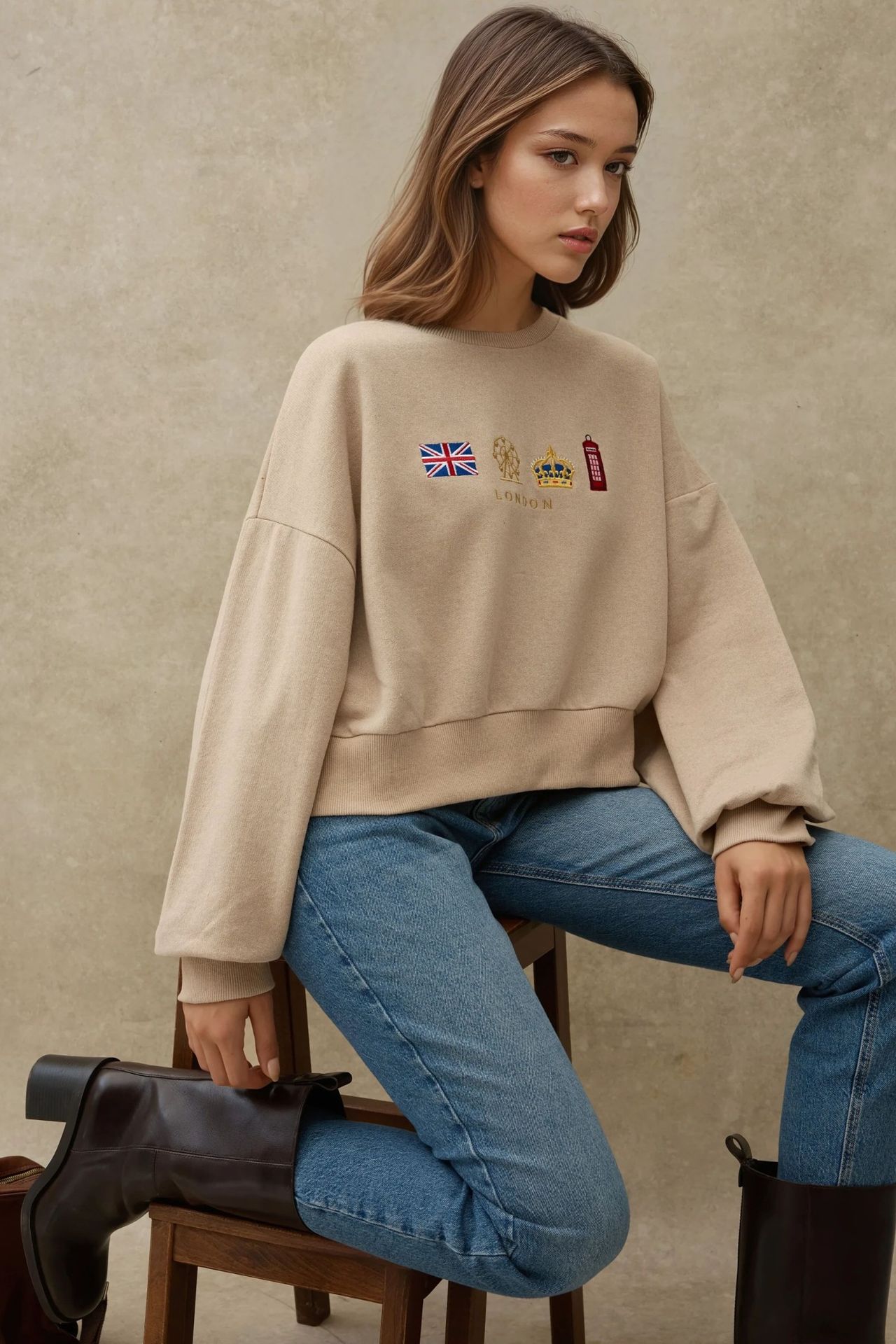 Embroidered Crew Neck Cottoned Raised Sweatshirt 4