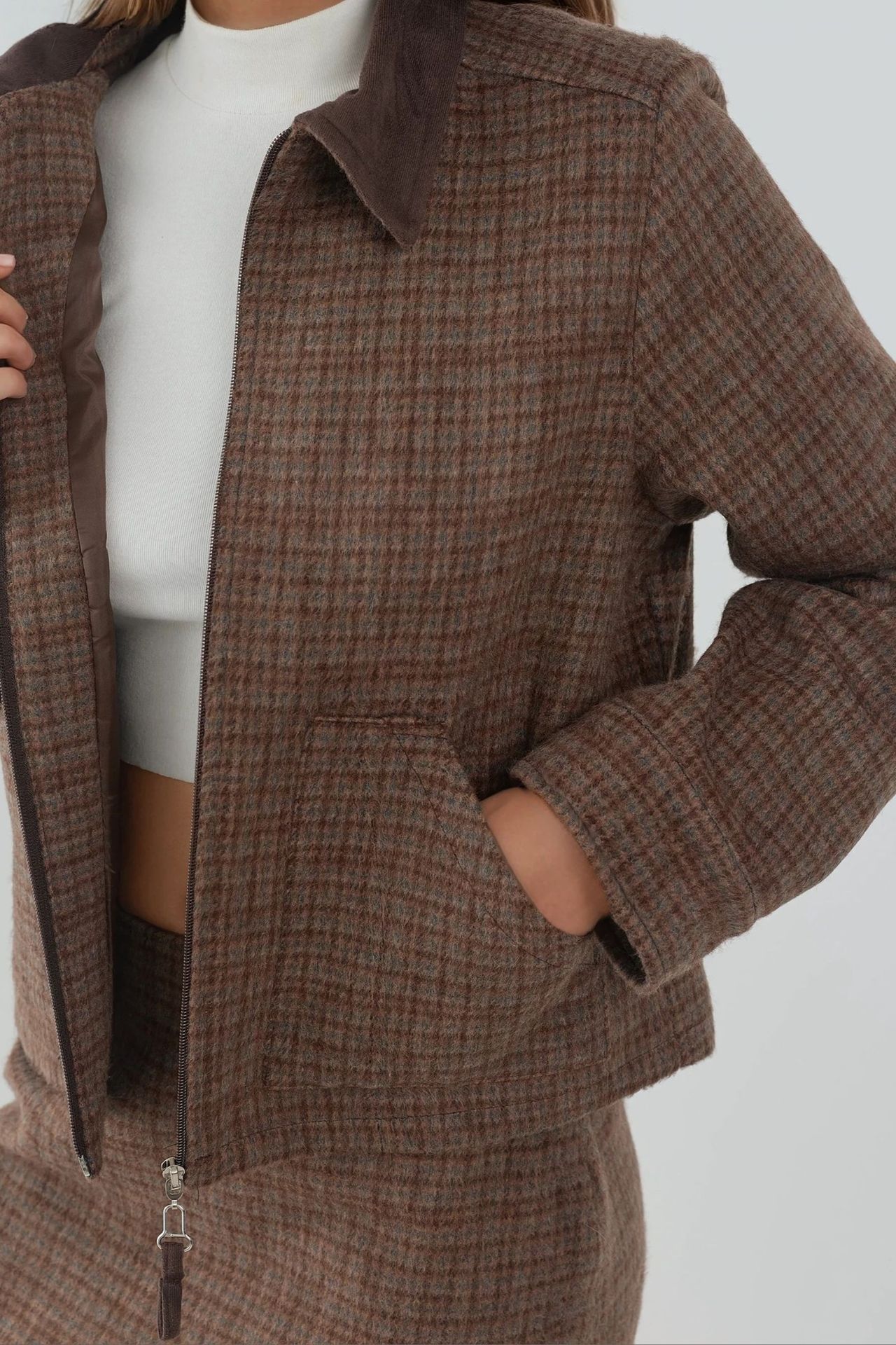 Plaid Patterned Wool Blend Jacket with Suede Collar