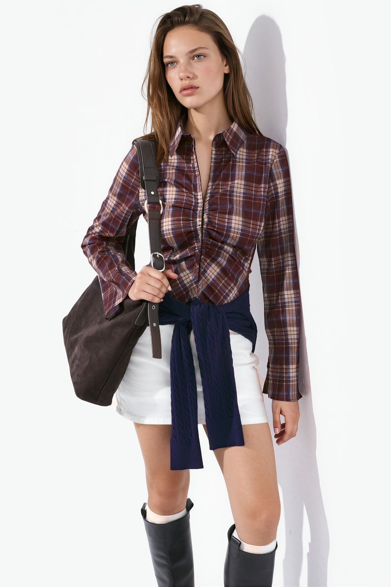Plaid Fitted Shirt with Hook-and-Eye Detail 3