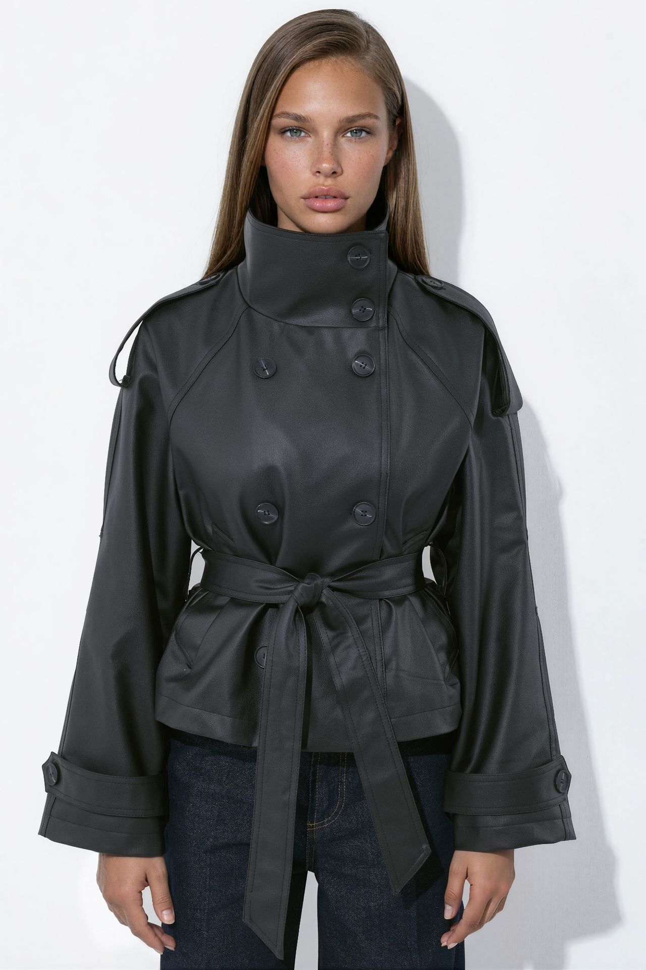 Short Faux Leather Trench Coat 4