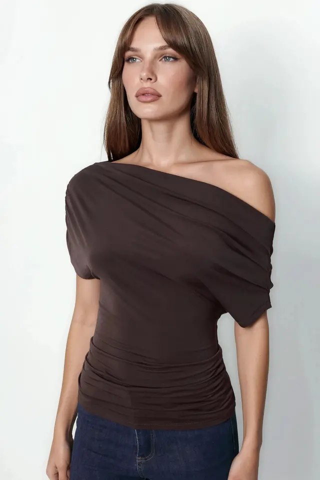 Asymmetrical Collar Short Sleeve Blouse