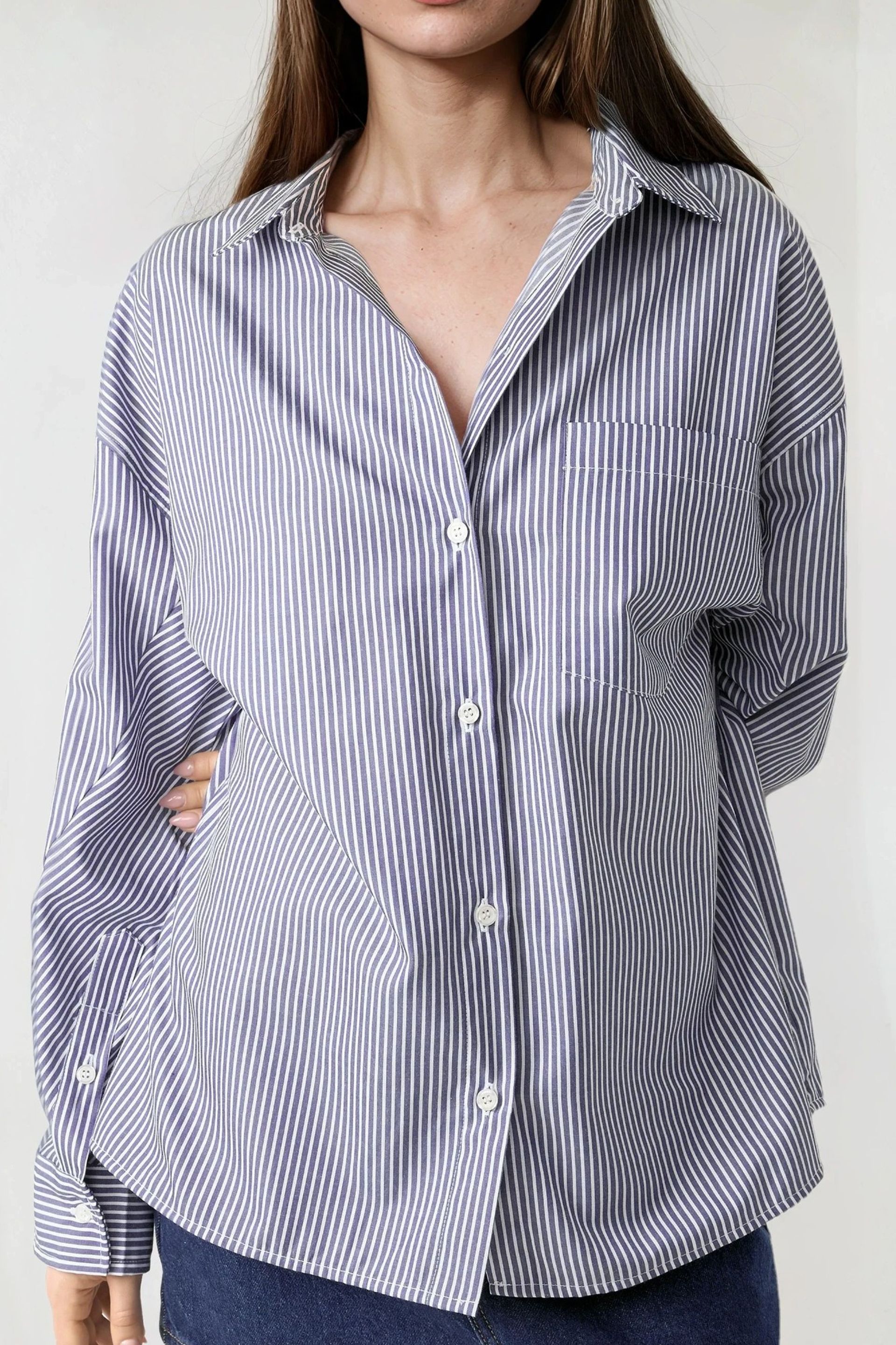 Blue Oversize Striped Casual Shirt Women