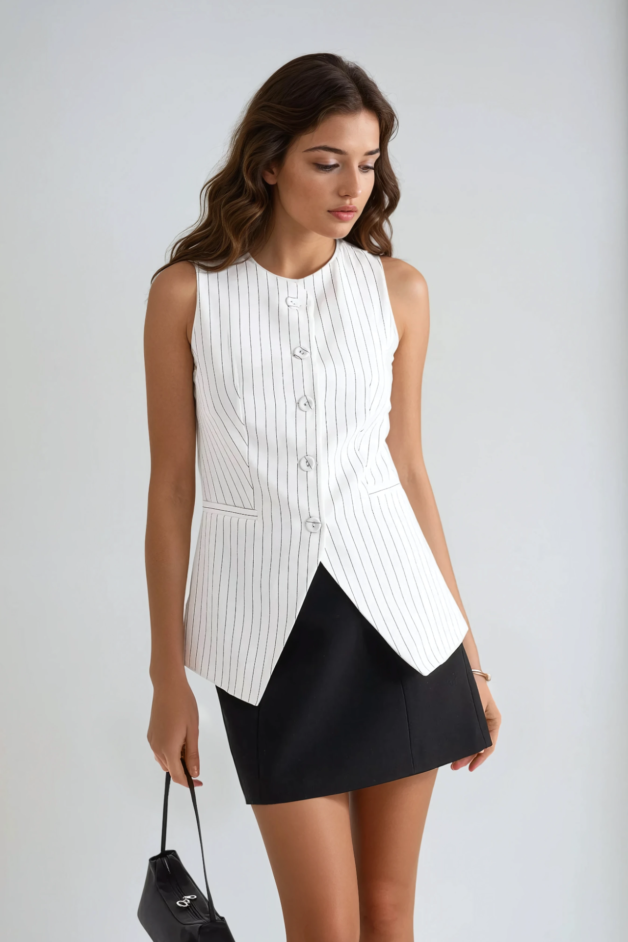 Striped Crew Neck Buttoned Vest