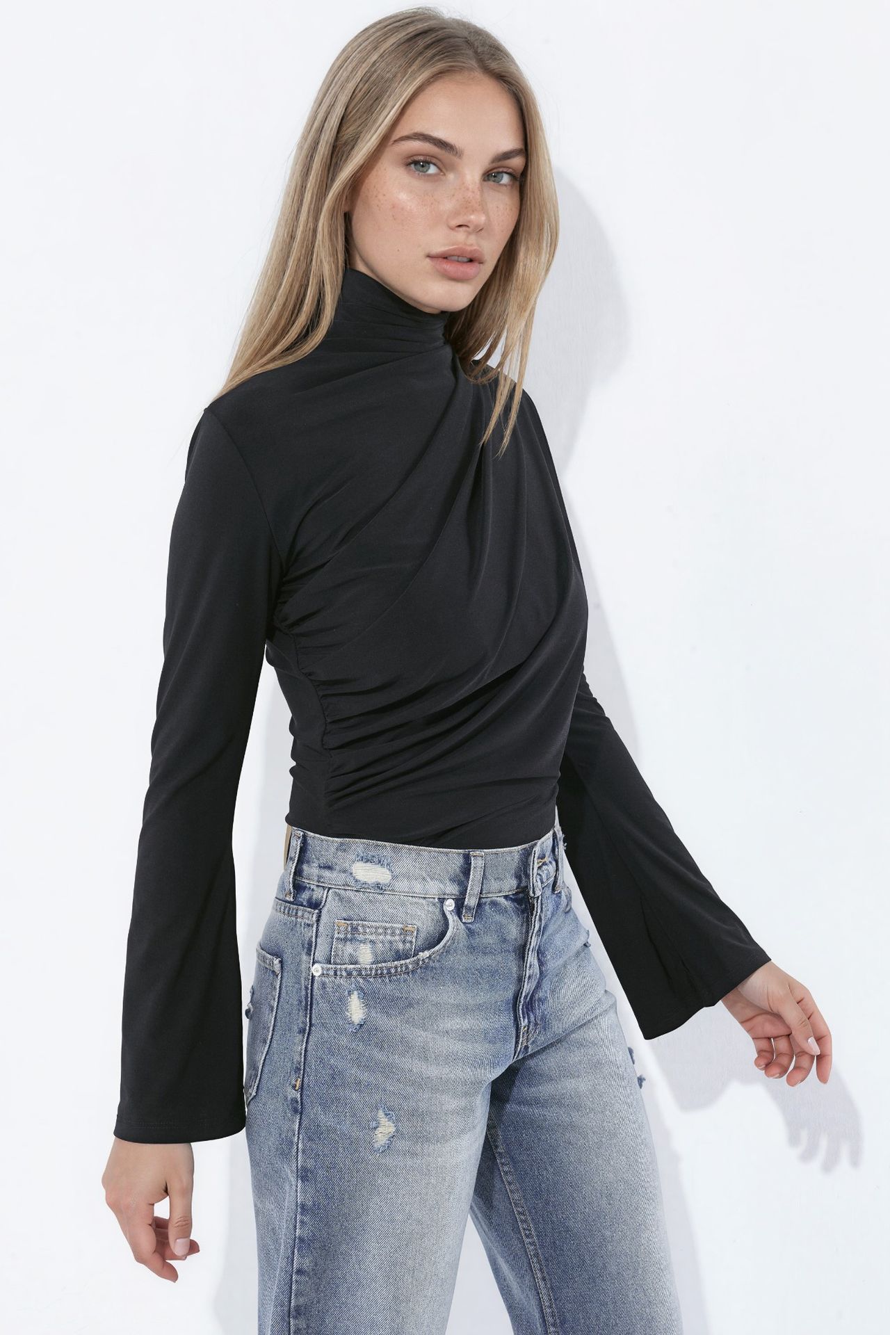Draped Half Turtleneck Long Sleeve Slim Fit Top 2