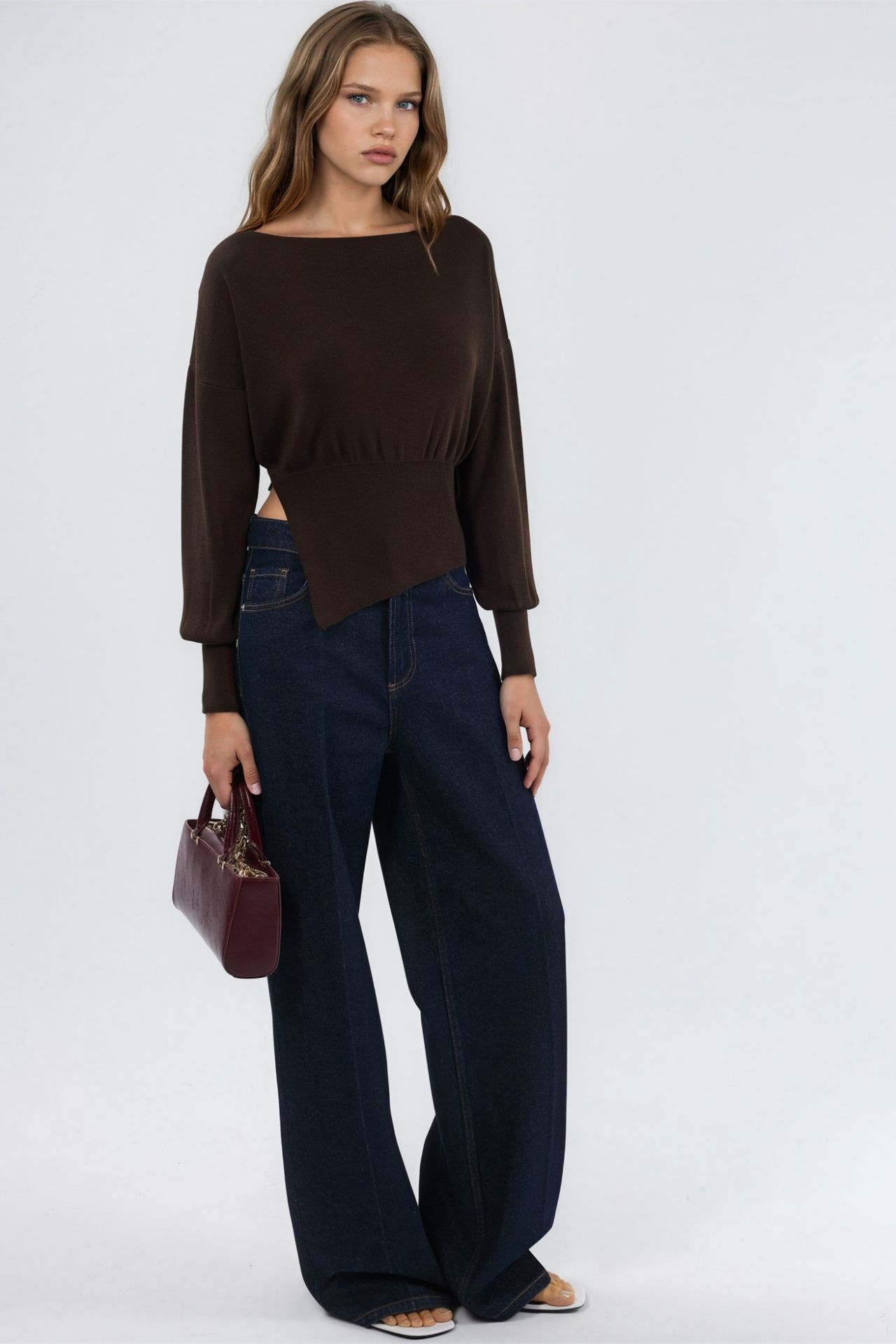 Mercerized Look Boat Neck Knit Sweater with Slit Detail 4