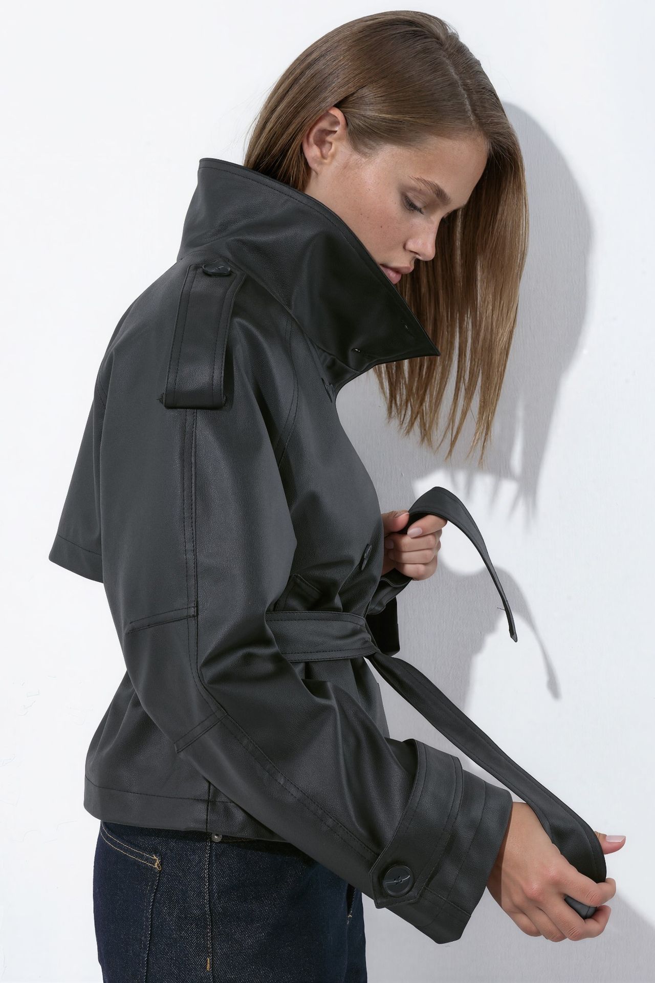 Short Faux Leather Trench Coat 2