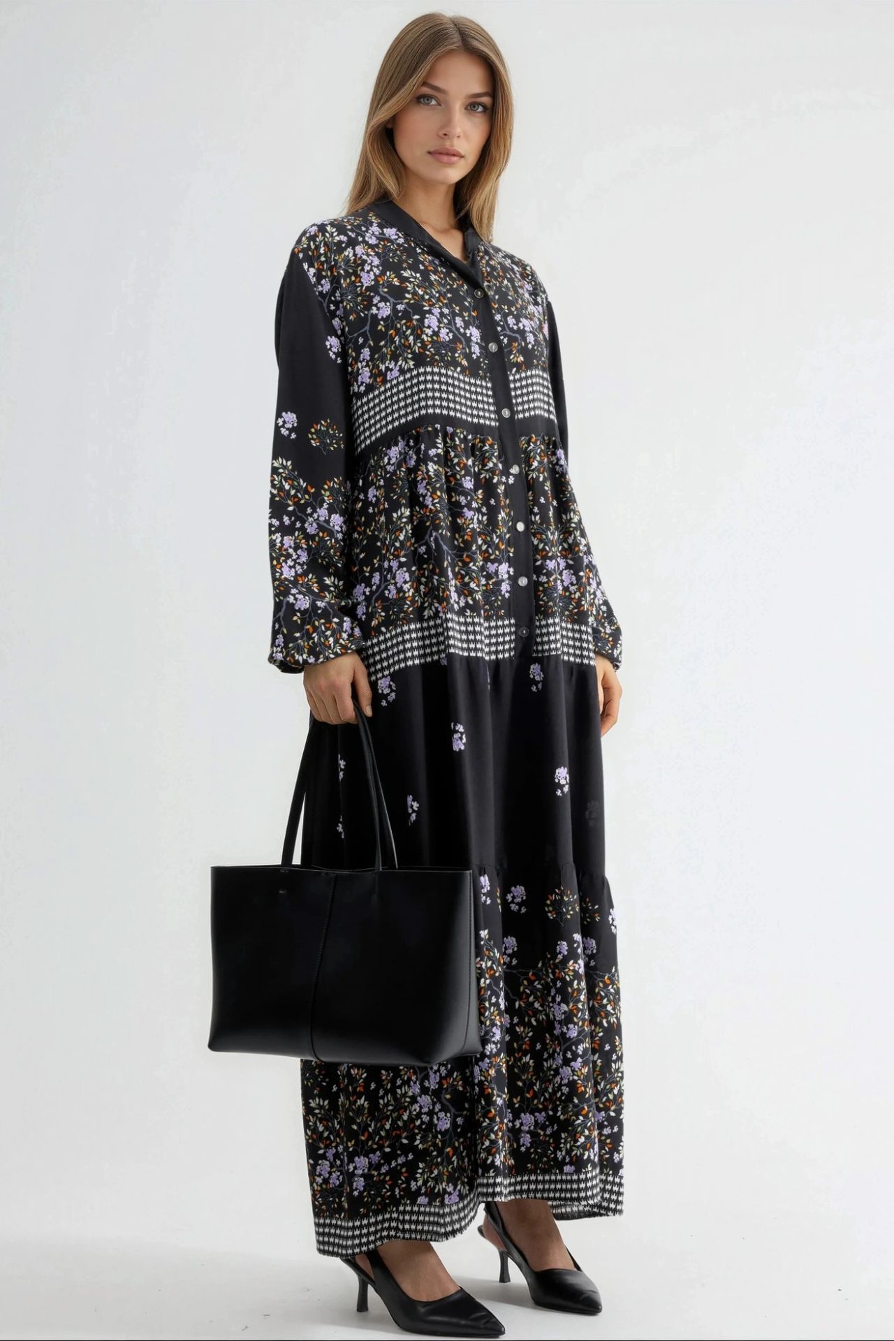 Patterned V-Neck Maxi Dress with Button Closure 2