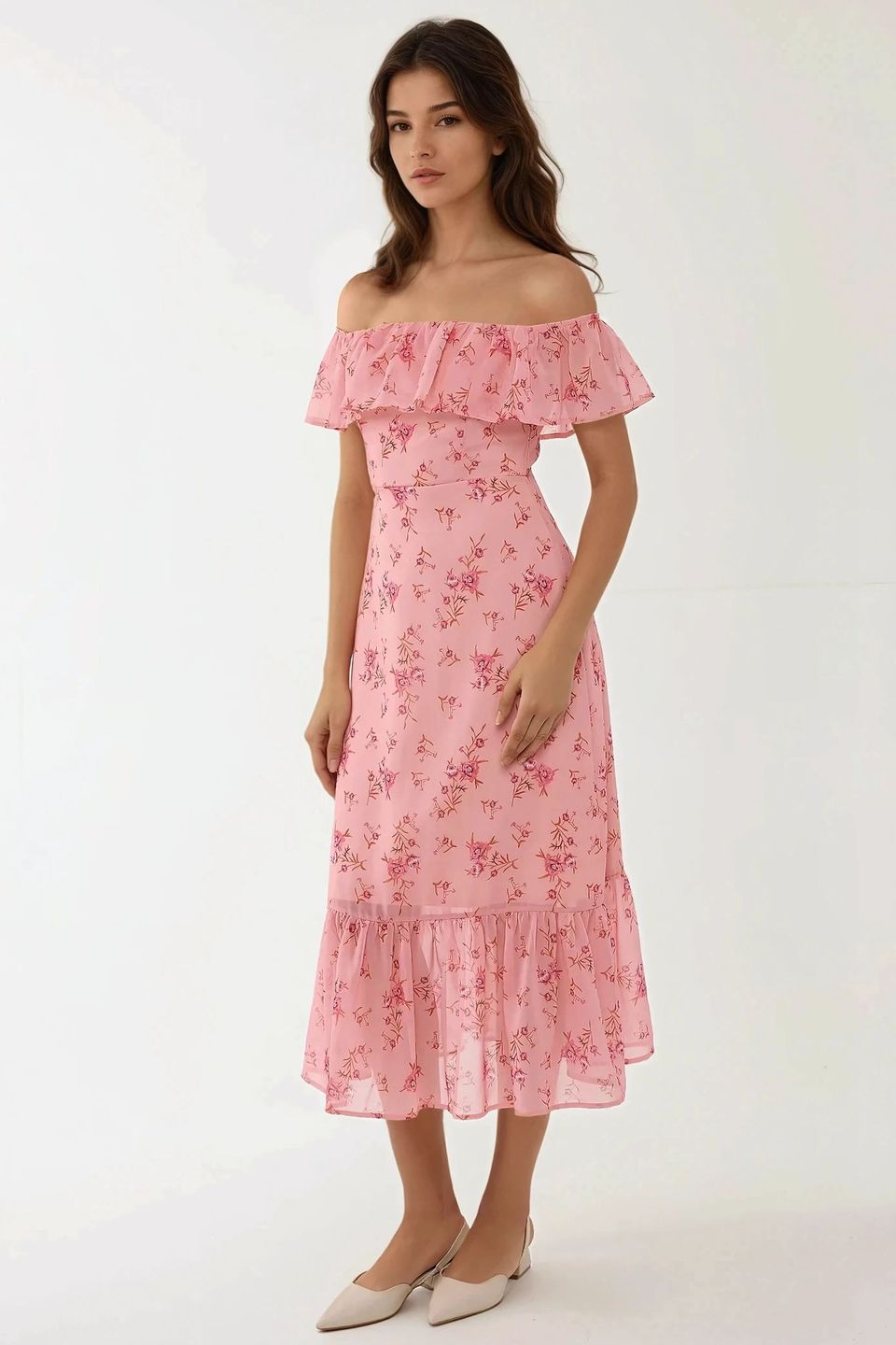 Off Shoulder Flower Pattern Bodycon Midi Dress 