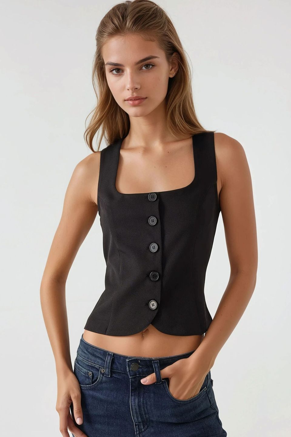 Fitted Square Collar Waistcoat