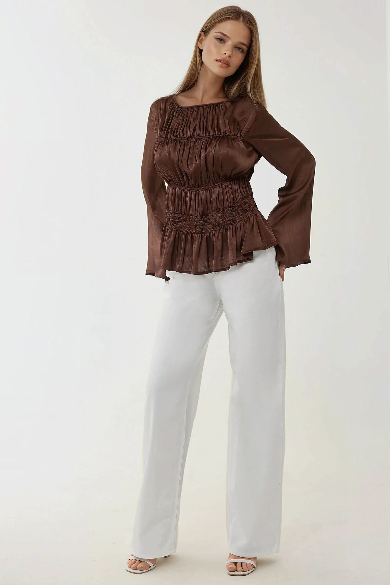 Fitted Satin Crew Neck Blouse