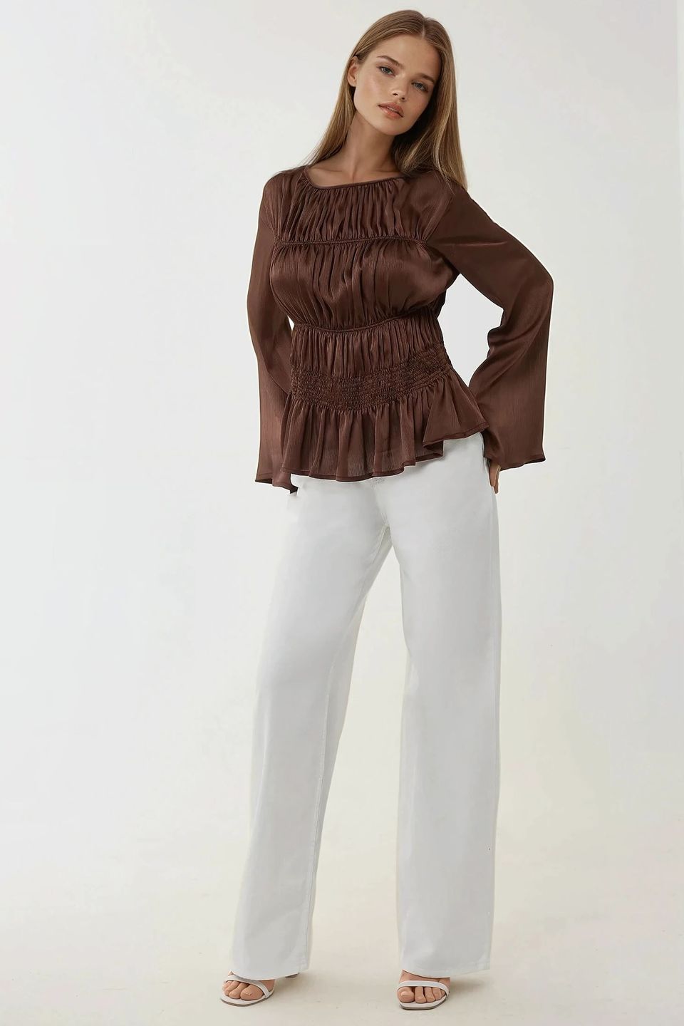 Fitted Satin Crew Neck Blouse