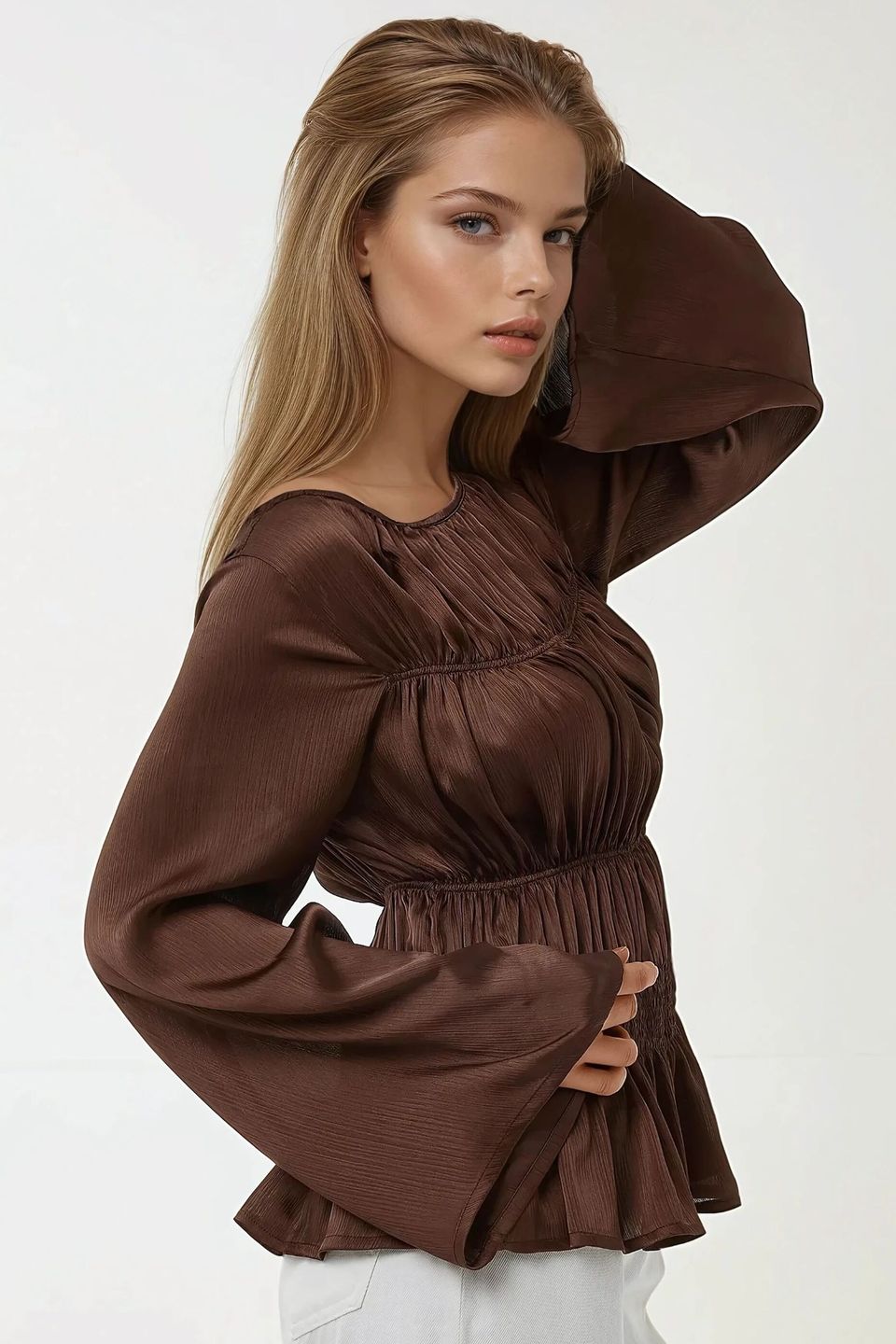 Fitted Satin Crew Neck Blouse