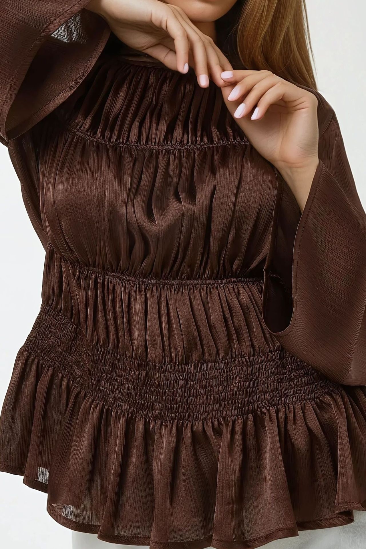 Fitted Satin Crew Neck Blouse