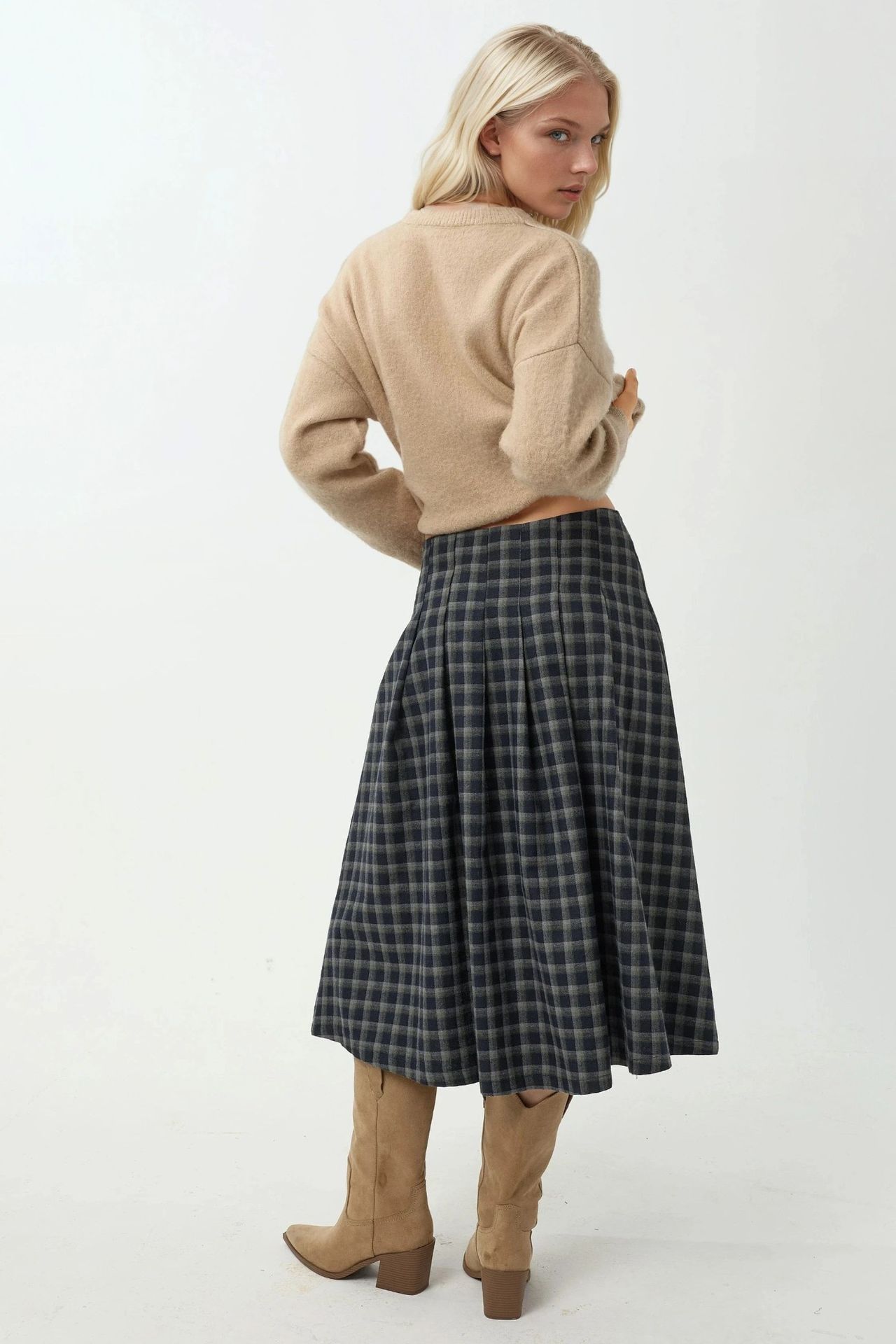 High Waist Midi Skirt with Slit in Plaid Pattern