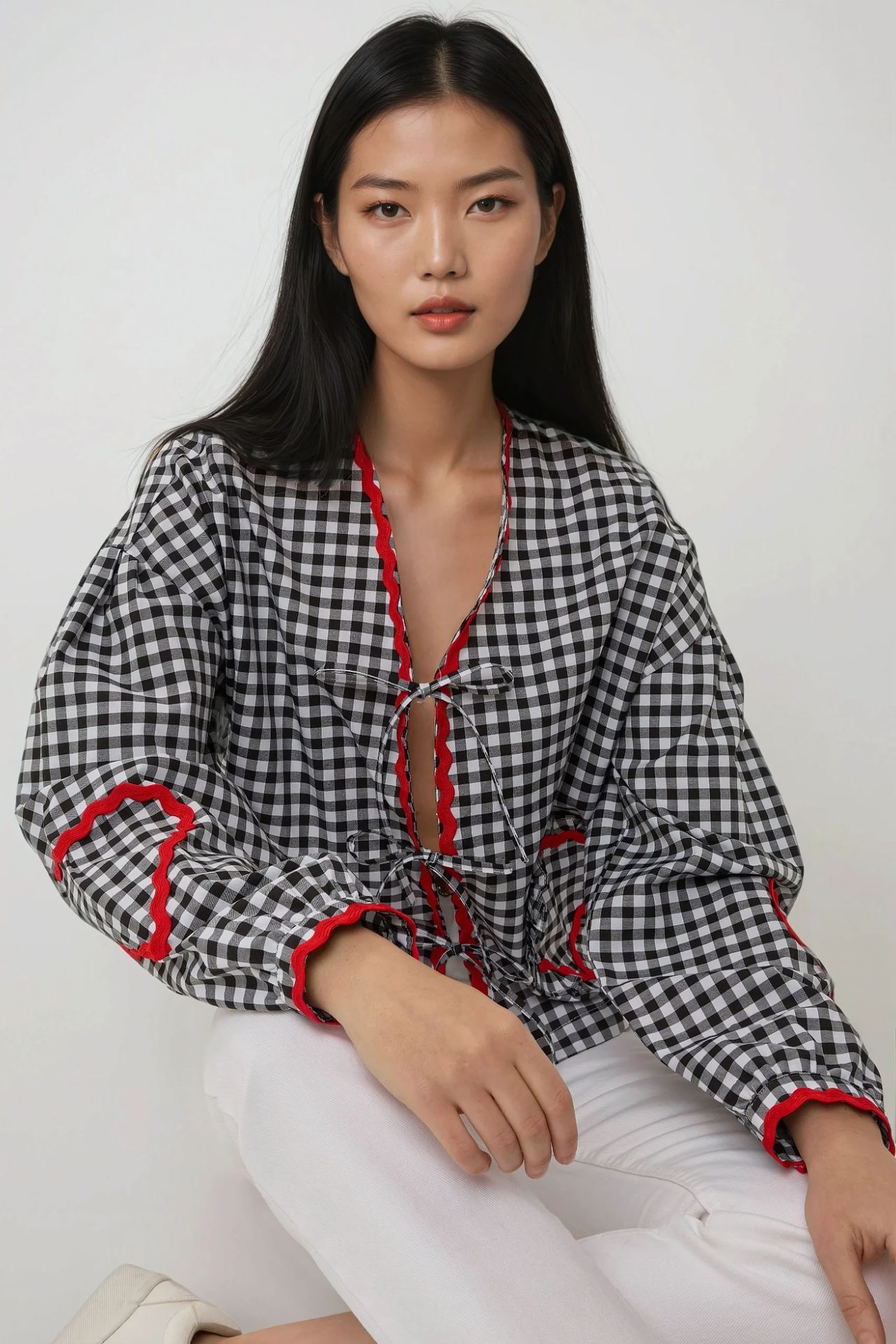 Long Sleeve Plaid Shirt Collar Top with Heart Detail