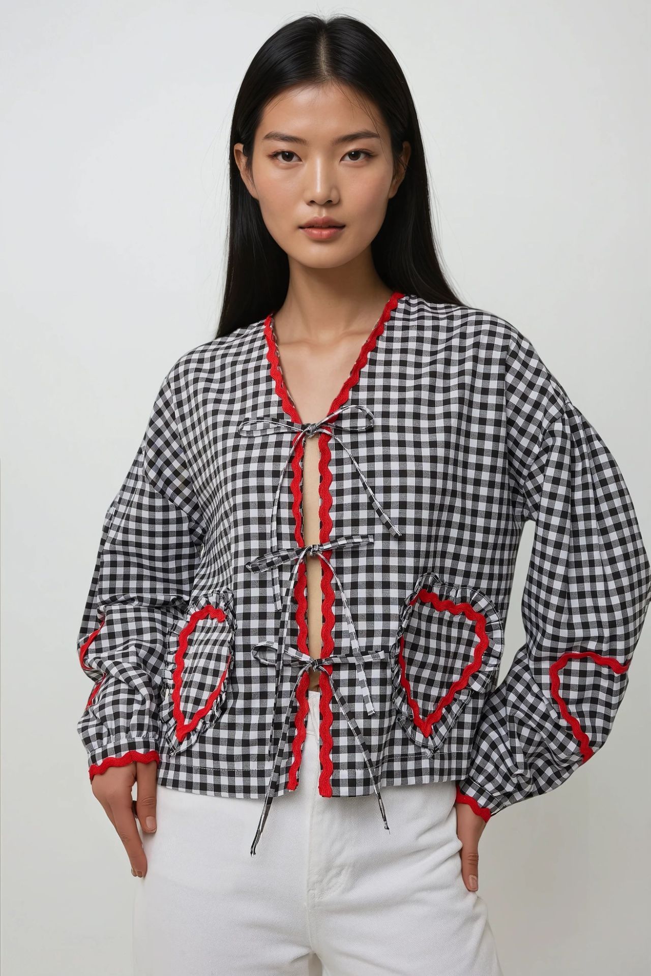 Long Sleeve Plaid Shirt Collar Top with Heart Detail