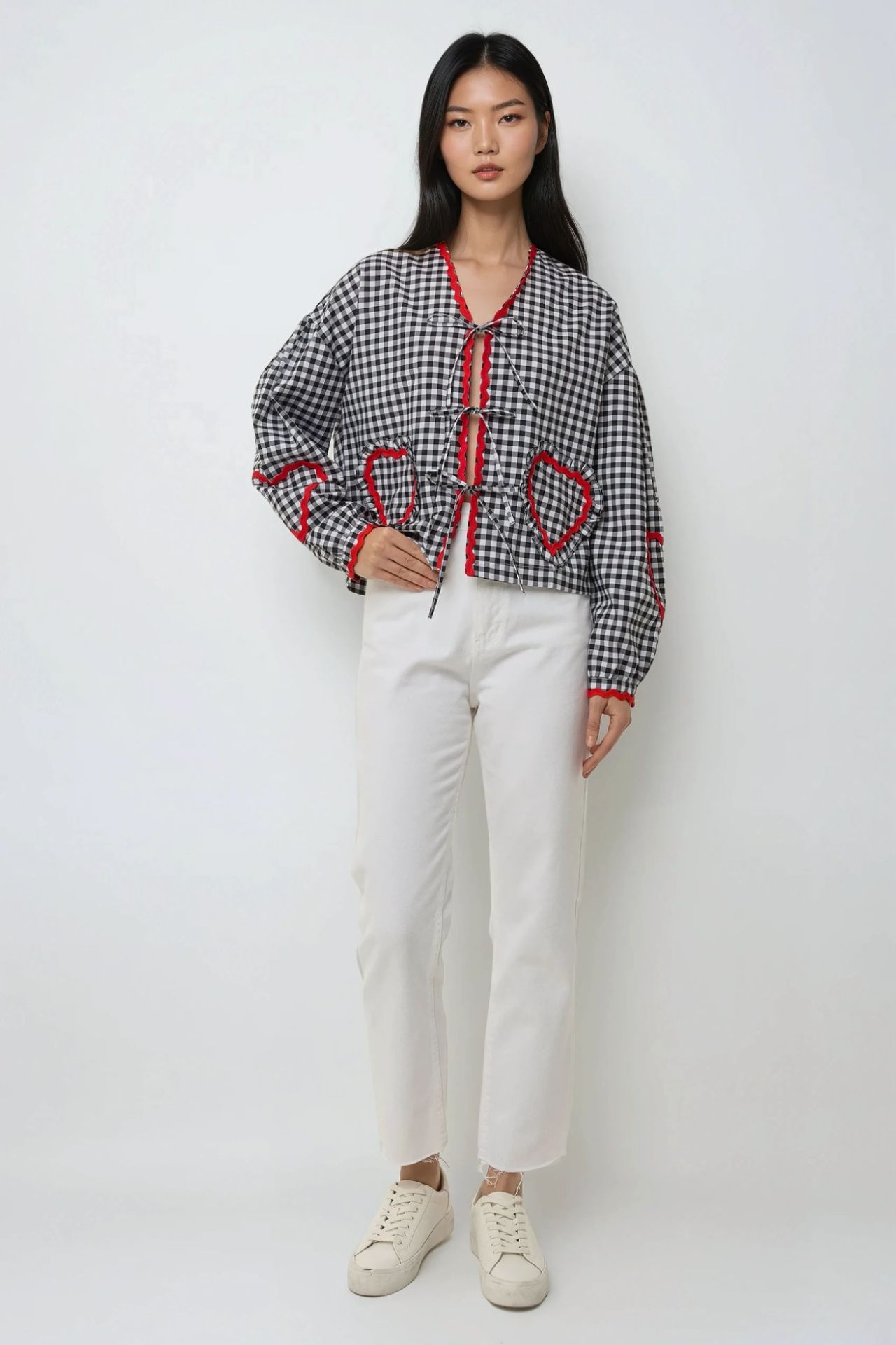 Long Sleeve Plaid Shirt Collar Top with Heart Detail