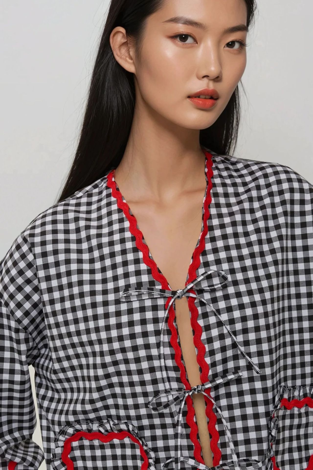 Long Sleeve Plaid Shirt Collar Top with Heart Detail