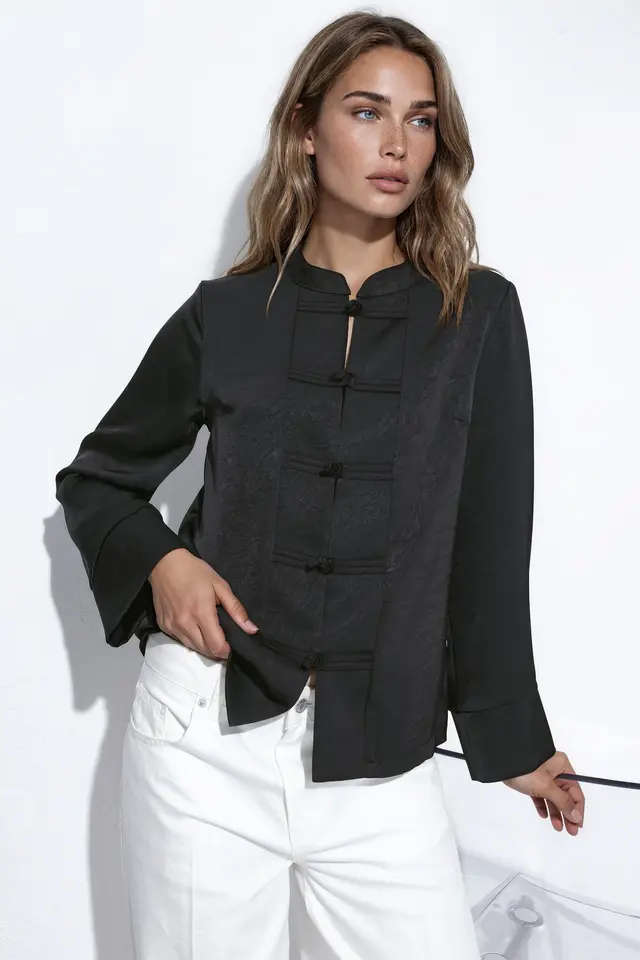 Textured Satin Shirt with Closure Detail
