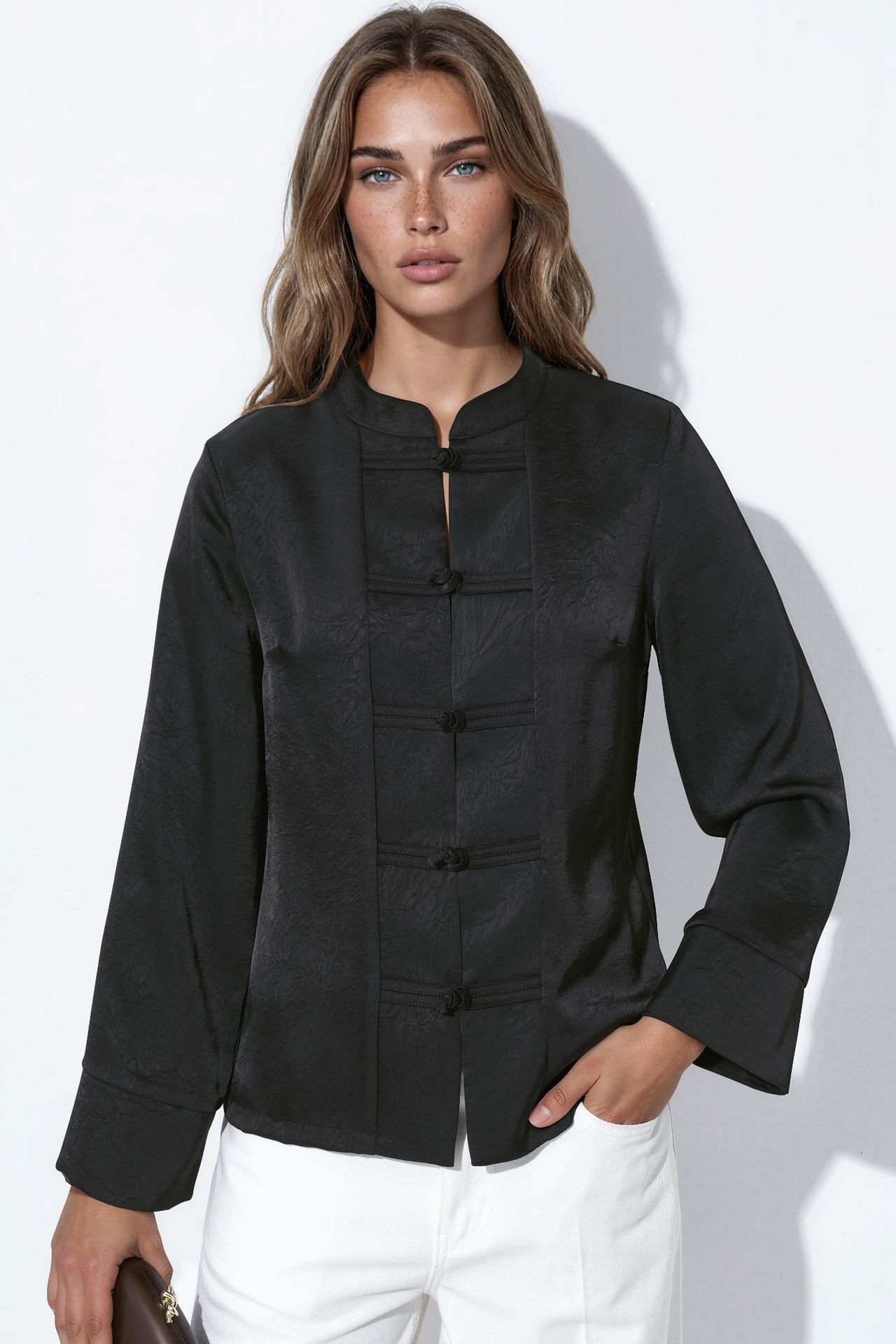 Textured Satin Shirt with Closure Detail 5