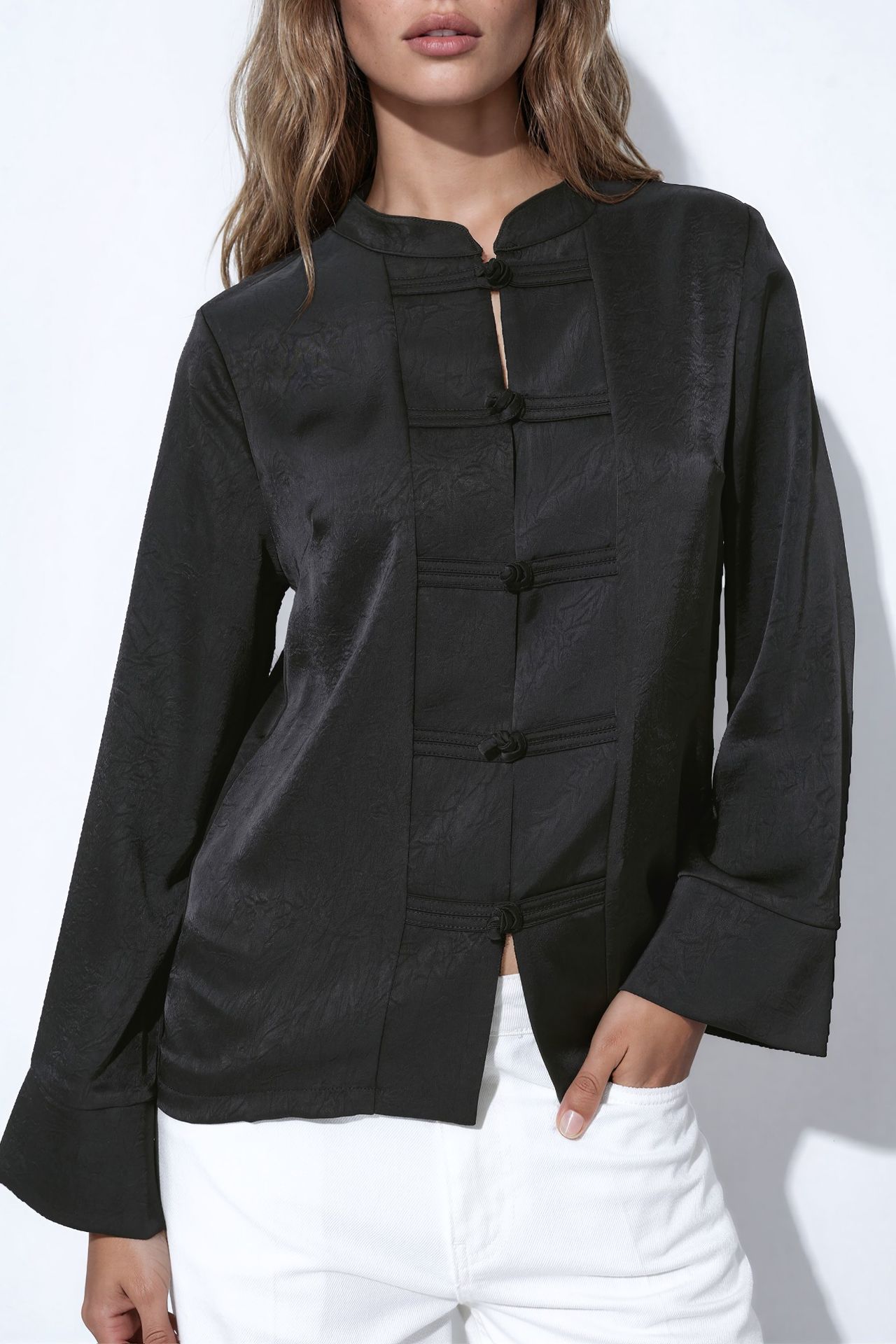 Textured Satin Shirt with Closure Detail 6