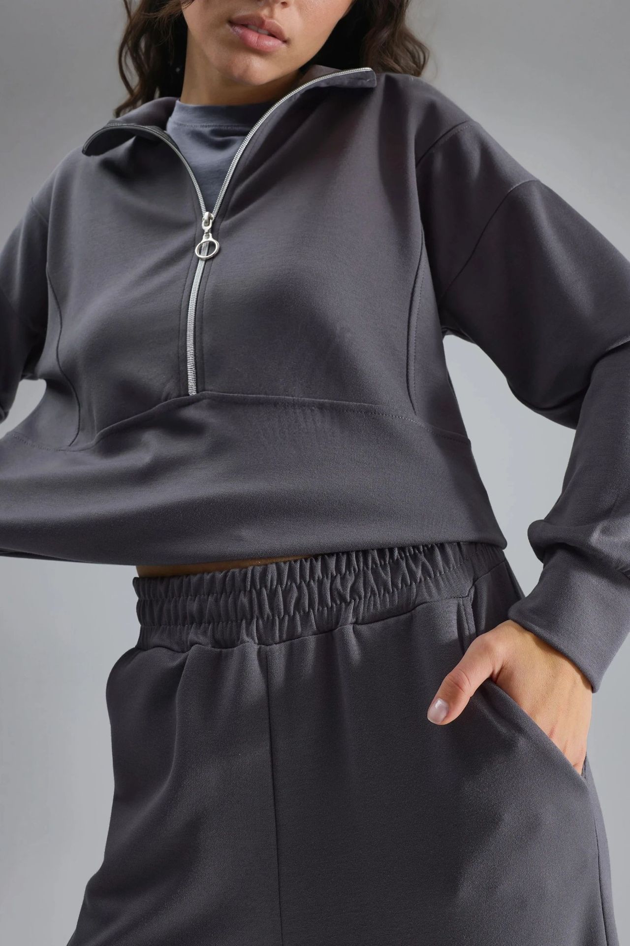 Modal Touch Two-Piece Wide Leg Set with Zipper Collar Bersan Collection