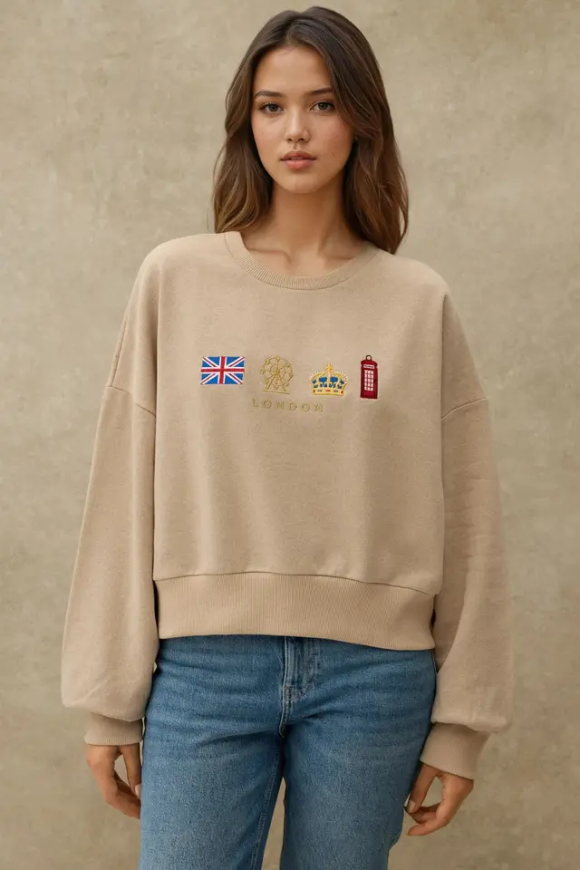 Embroidered Crew Neck Cottoned Raised Sweatshirt